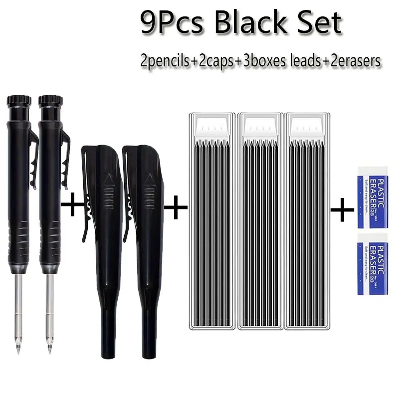 9 Piece Set 2.8mm Woodworking Pencil Kit, Includes Sharpener, Single/double Lead, Deep Hole Marking, Carpenter Drawing Tools, Mechanical Pencils