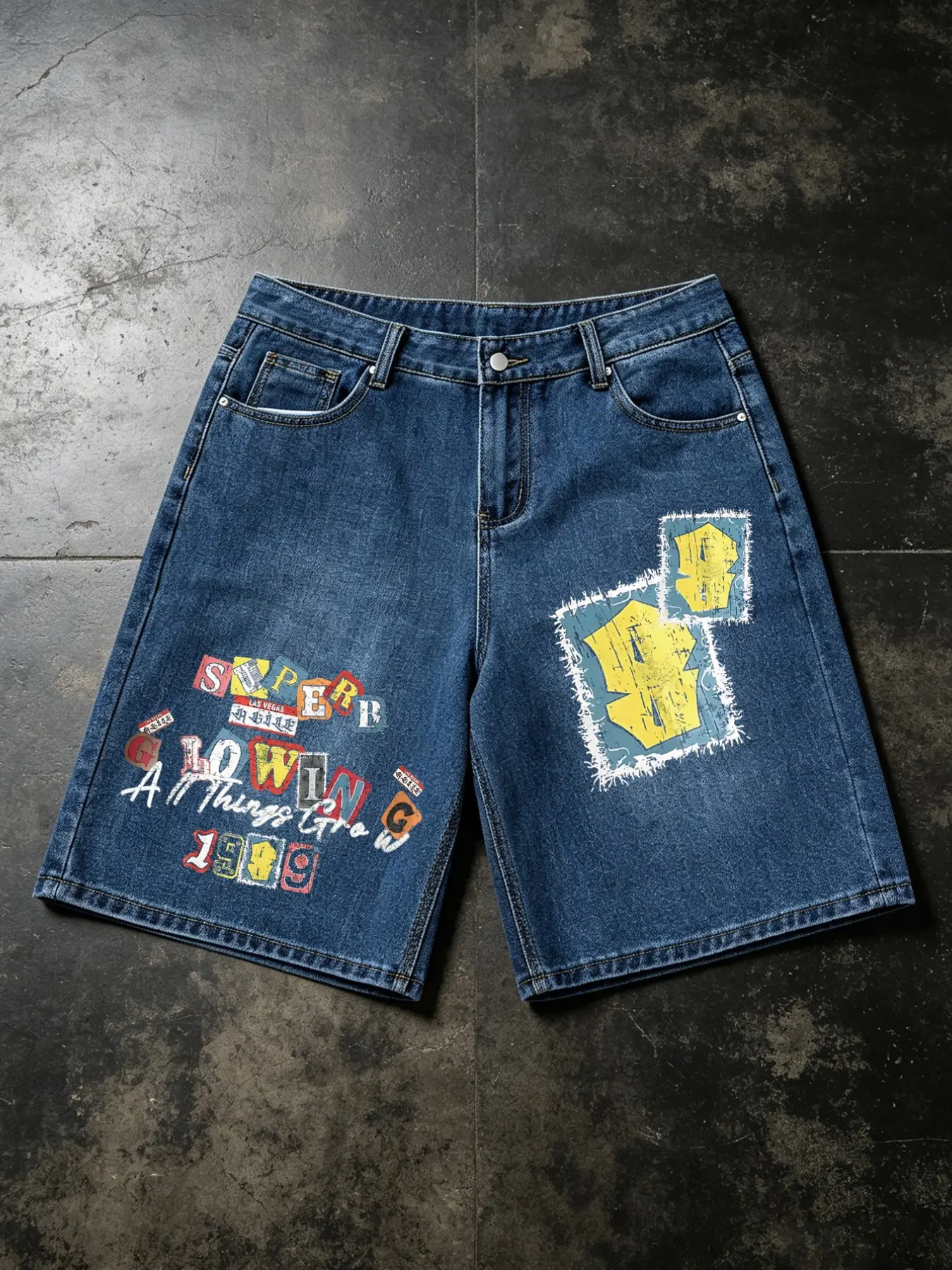 Men's Deep Blue Jeans Shorts, Vintage Letter Print, Loose Fit, Oversized, Summer Casual Streetwear, Ideal for Skateboarding, Unisex Design, Menswear