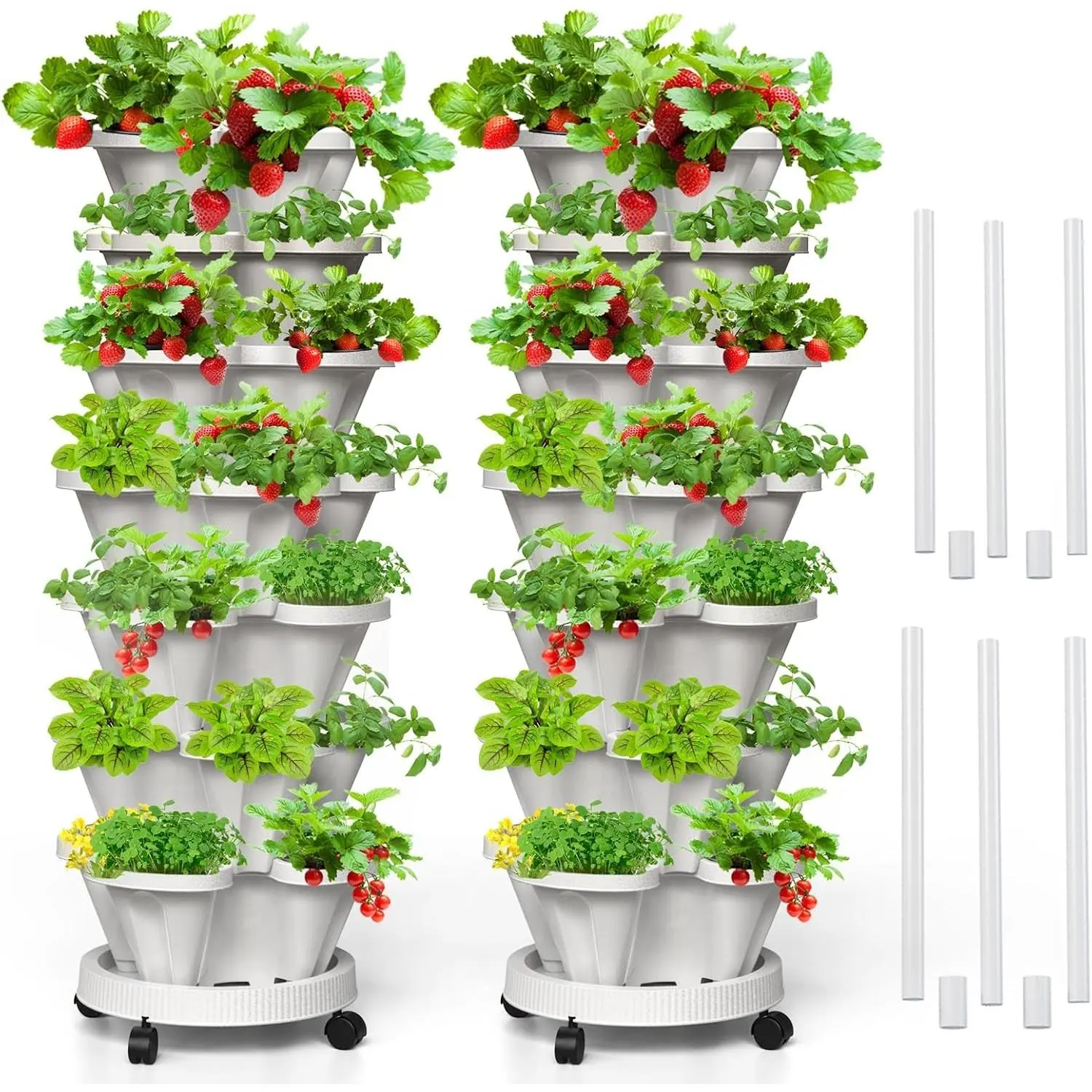 7 Tiered Strawberry Vertical Planters, 2 Pack Stacking Tower Garden with Support Pole, Stackable Herb Vegetable Planters Indoor Outdoor White