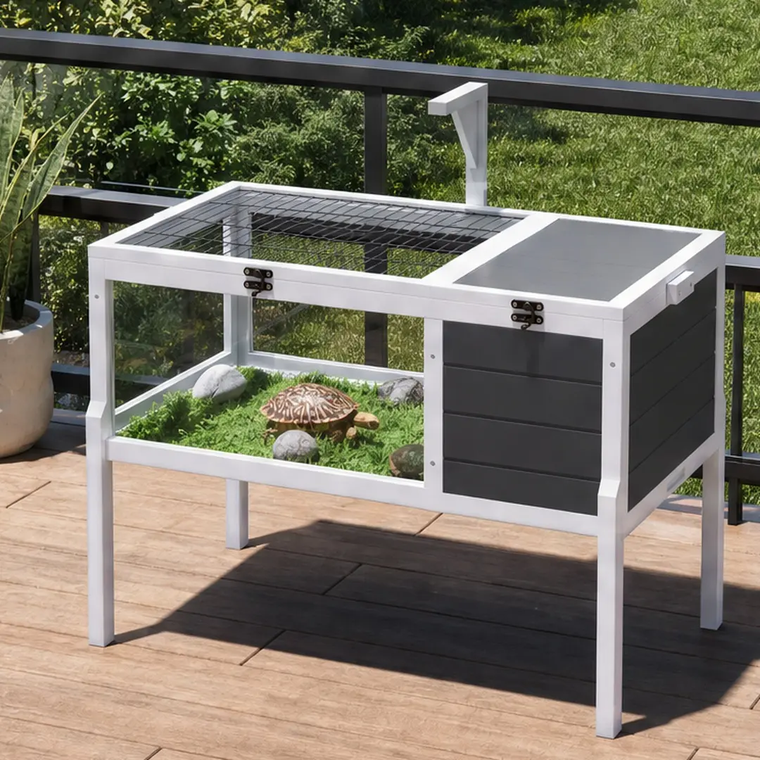 Durable Wood ARCH Reptile Habitat Tortoise House - Built-In Lamp Holder, Large 25.40w x37.90d x29.40h in Observation Window, 2 Removable Waterproof Trays, Detachable Legs, Lockable Top & Doors, Easy-Clean Indoor Outdoor Terrarium for Turtles, Gray, Reptil
