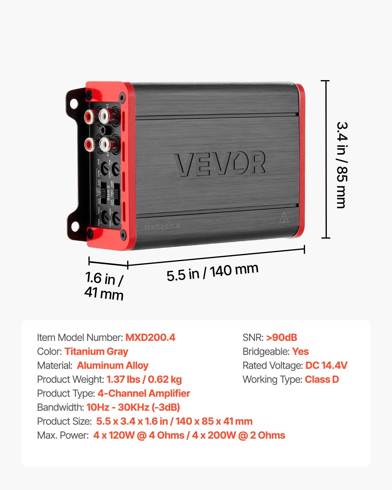 VEVOR 4 Channel Car Audio Amplifier 2 Ohm Stable Bridgeable Class D Full Range Amp Max Power 4 x 120W @ 4 Ohm / 4 x 200W @ 2 Ohm for Car SUV Truck Off-Road