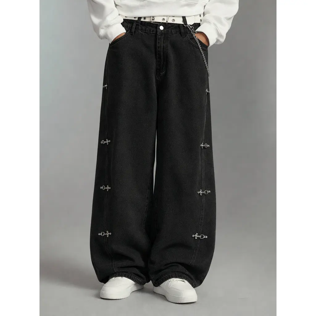 Menswear Distressed Black Side-Buckle Balloon Jeans - Draped Wide-Barrel Denim Pants, Streetwear Punk Vibe Oversized Trousers with Decoration for Skateboarding, Street Photography, Stitch, Sneakers