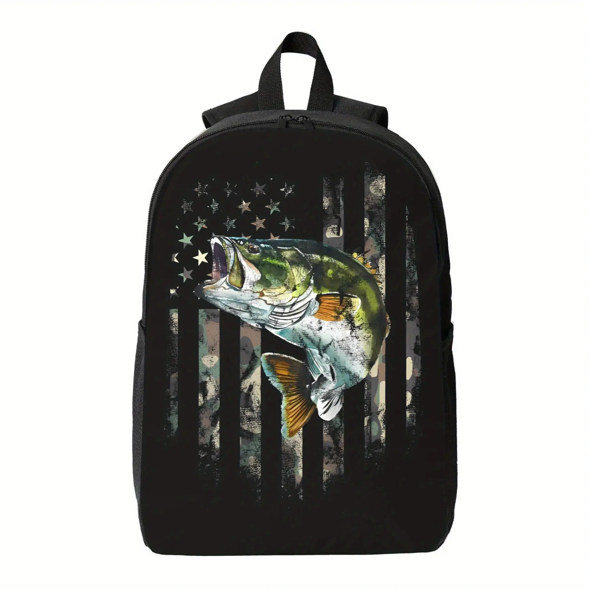 Camo/Fish Print American Flag CR Casual Backpack - Durable Zipper-Closure Synthetic Chain Schoolbag for Students, Sporty Outdoor Daily Carry Functional Bag