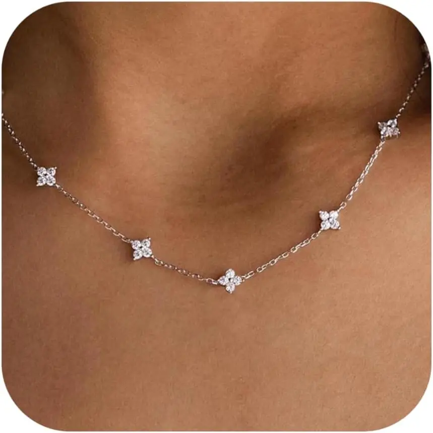 Silver Gold Necklaces for Women Cute Station Choker Simulated Diamond Necklace Simple Layering CZ Necklace Trendy Jewelry Gifts