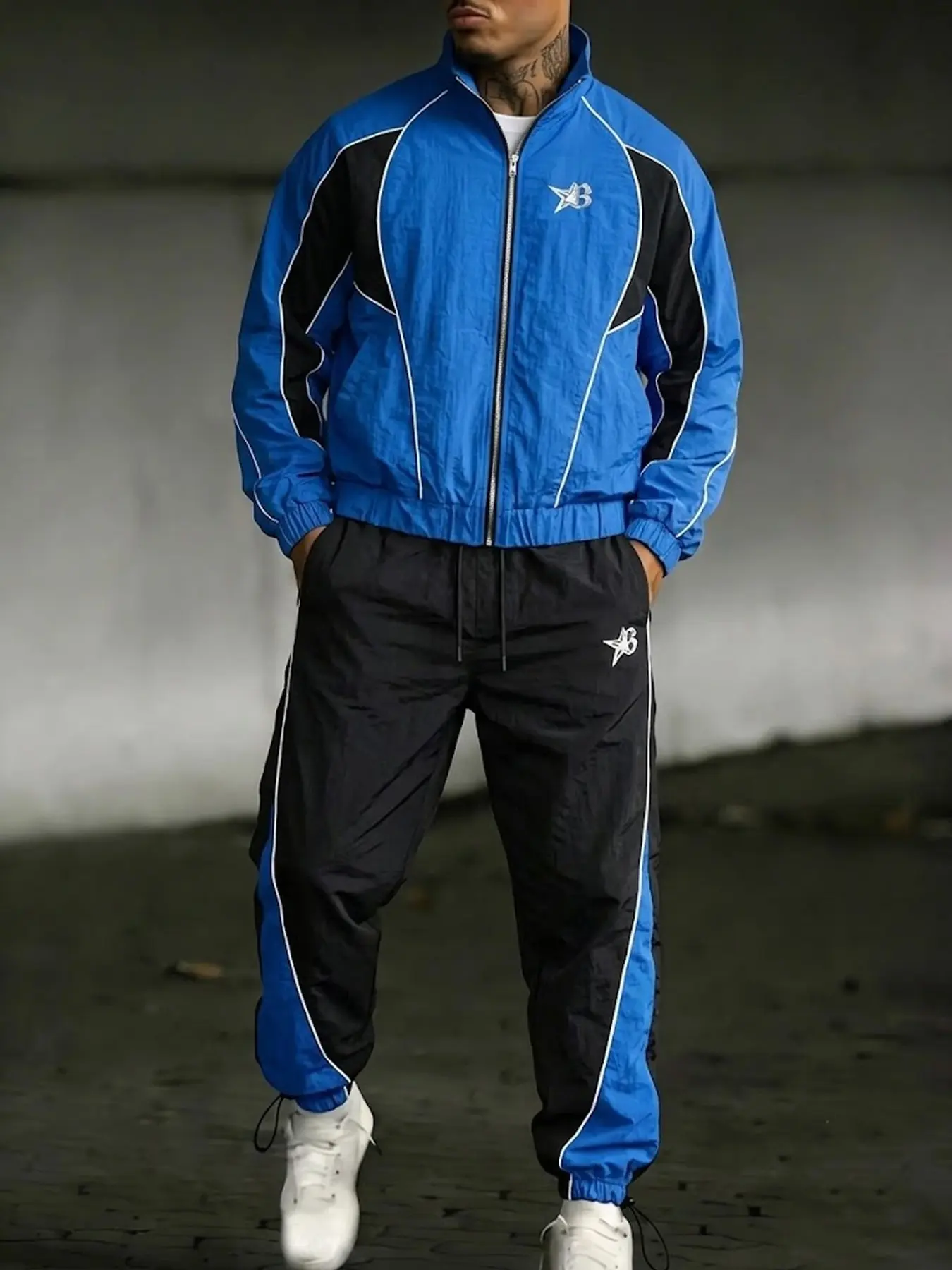 Men's Y2K Vintage Color Block 2-Piece Tracksuit, Loose Casual Jogger Fit, Full-Zip Jacket + Drawstring Cuffed Sweatpants, Casual Athletic Matching Set, Activewear Workout Set, Athleisure Workout Set, Streetwear Styling, Gym Training