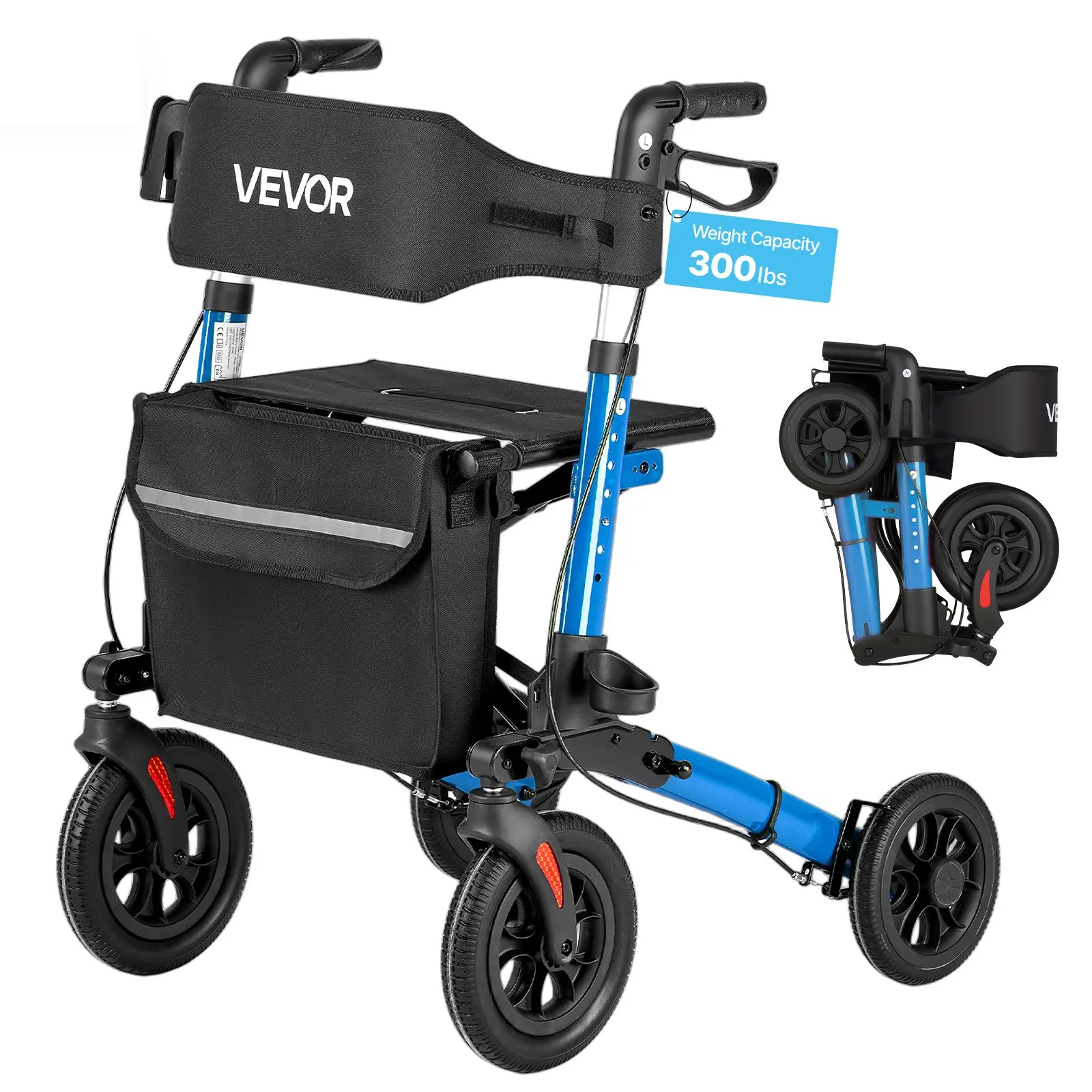 VEVOR Aluminum Alloy Rollator Walker with Seat for Seniors, Ultra Compact 3-Fold Lightweight Outdoor Mobility Aid, 10 in PU Solid Wheels, Adjustable Handle, Cup & Cane Holder, 28.15x28.34x(33.07-38)in, Supports 300LB, Comfortable, Outdoors, 28.15 X 28.34,