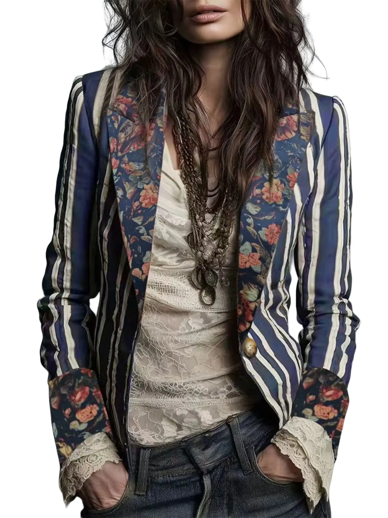 Autumn Winter New American Retro Boho Striped Print Blazer Suit Jacket for Women, Color Block Oil Painting Floral Notch Lapel Small Blazer, Casual Slim Fit One Button Sleeveless Outerwear, Bohemian, Colorblock Print Blazer