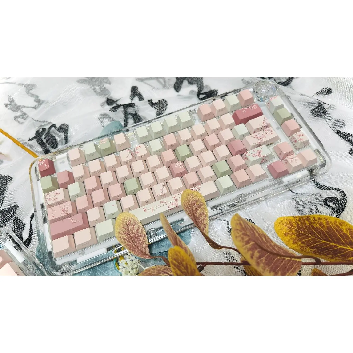 Peach Blossom Keycaps Side Print Custom Cherry Profile PBT Shine Through Keycaps  Green 128  for Mechanical Keyboards 60% 65% 75% Backlit Key Caps