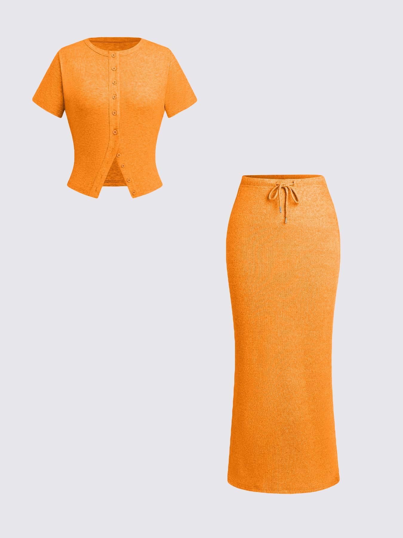 Women's Solid Basic Button Front Tee & Drawstring Split Hem Skirt Two-piece Set, Casual Short Sleeve Round Neck Top & Skirt for Daily Wear, Ladies Two-piece Outfits for All Seasons, Matching Clothing Set Women