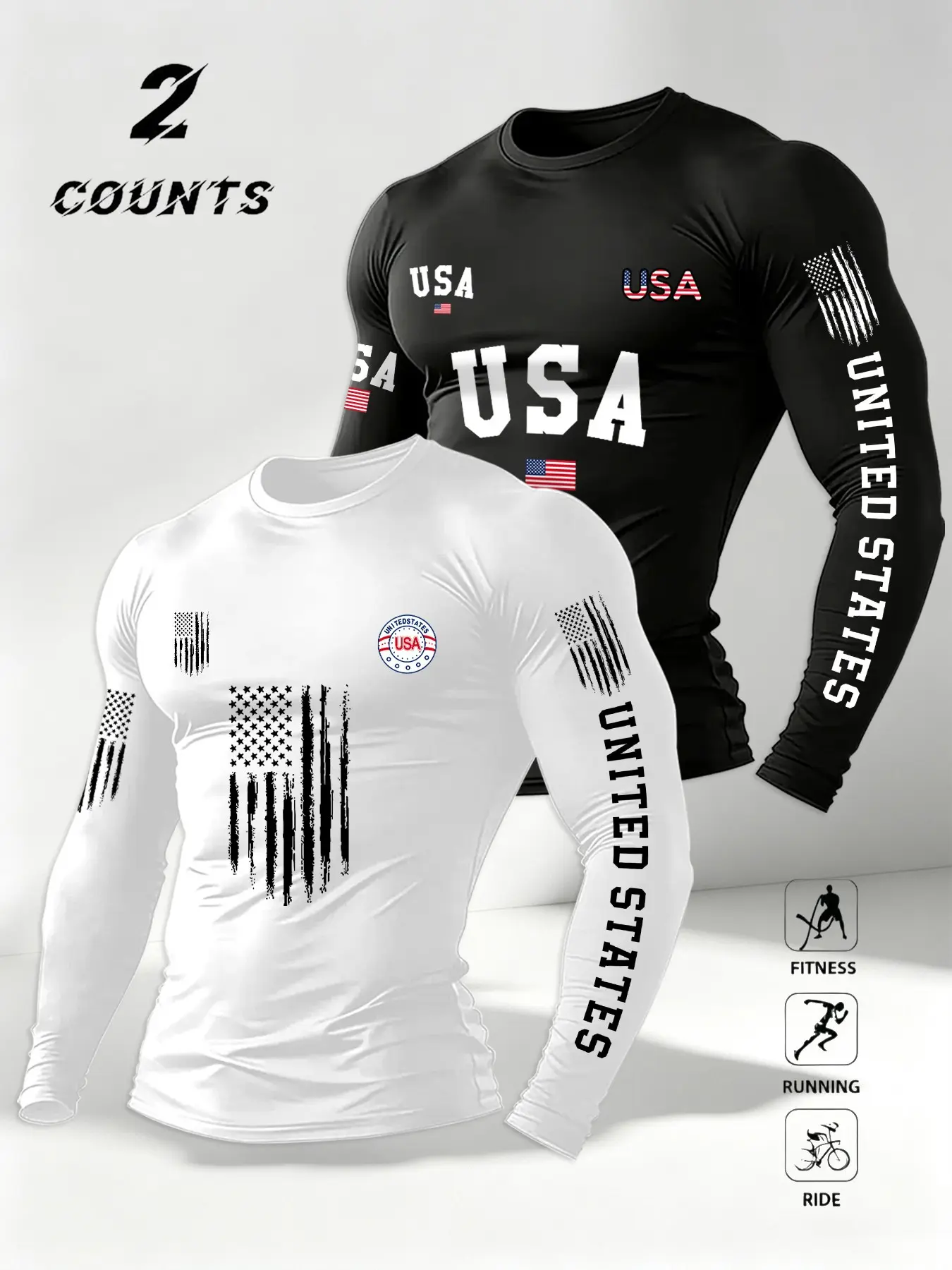 Men's Two-Piece Usa Flag Quick-Dry Compression Long Sleeve T-Shirt, Sporty Slim-Fit Athletic Top, All-Season Running Cycling Wear