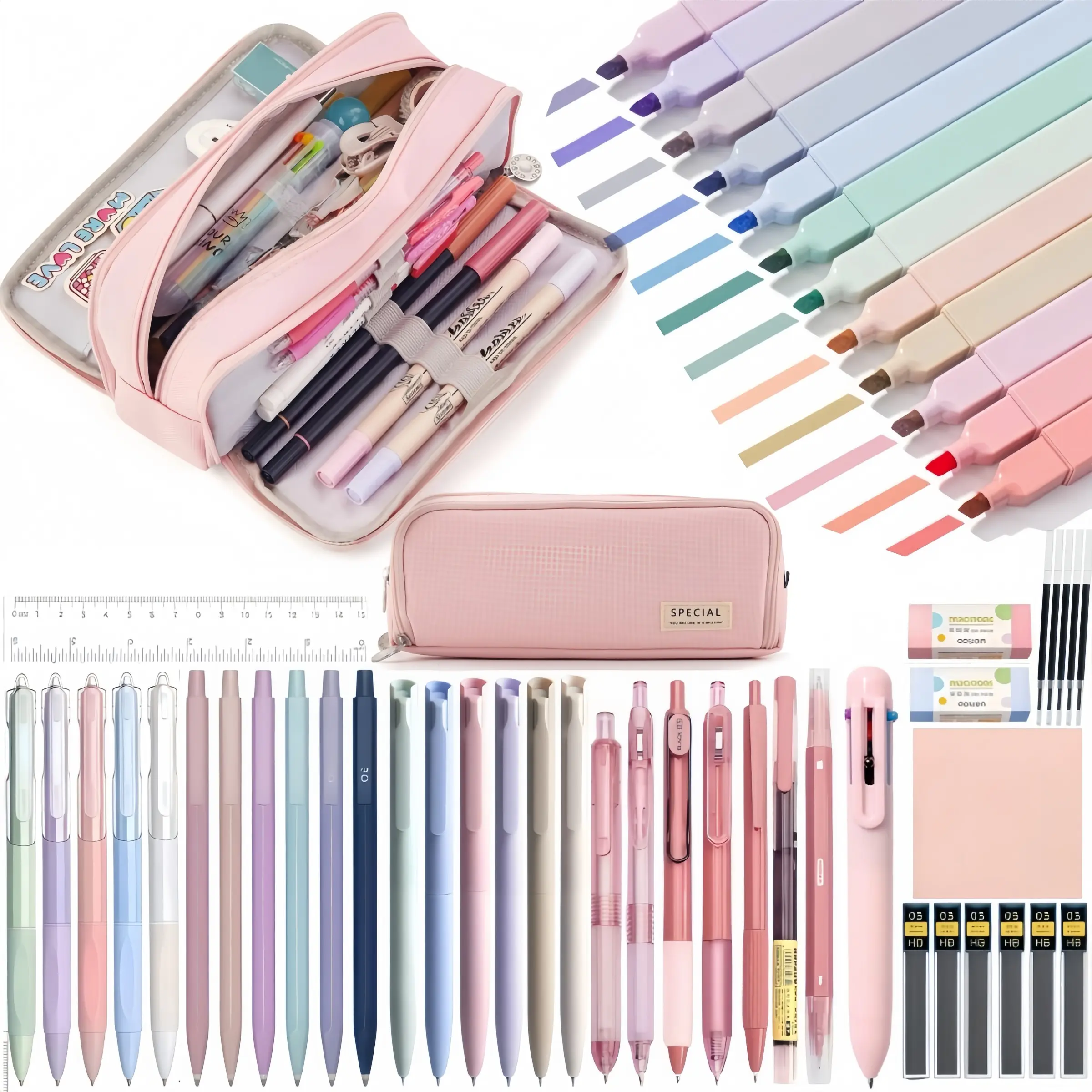 1Set/53PCS Morandi stationery set,back to school,Large Capacity Pencil Case,black gel pens,6PCS Morandi 0.5mm mechanical pencil,12PCS Color Pastel Highlighters,sticky note,eraser,ruler,Cute Office School Supplies Gifts for Women Men,school supplies