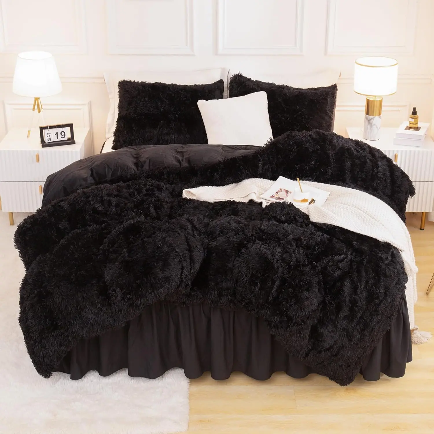 King Size Comforter Set Black, Faux Fur Warm Bedding Set| Winter Soft Plush Velvet Bedding Comforters Set for King Size Bed, Fuzzy Thick Puffy Comforter Blanket Set