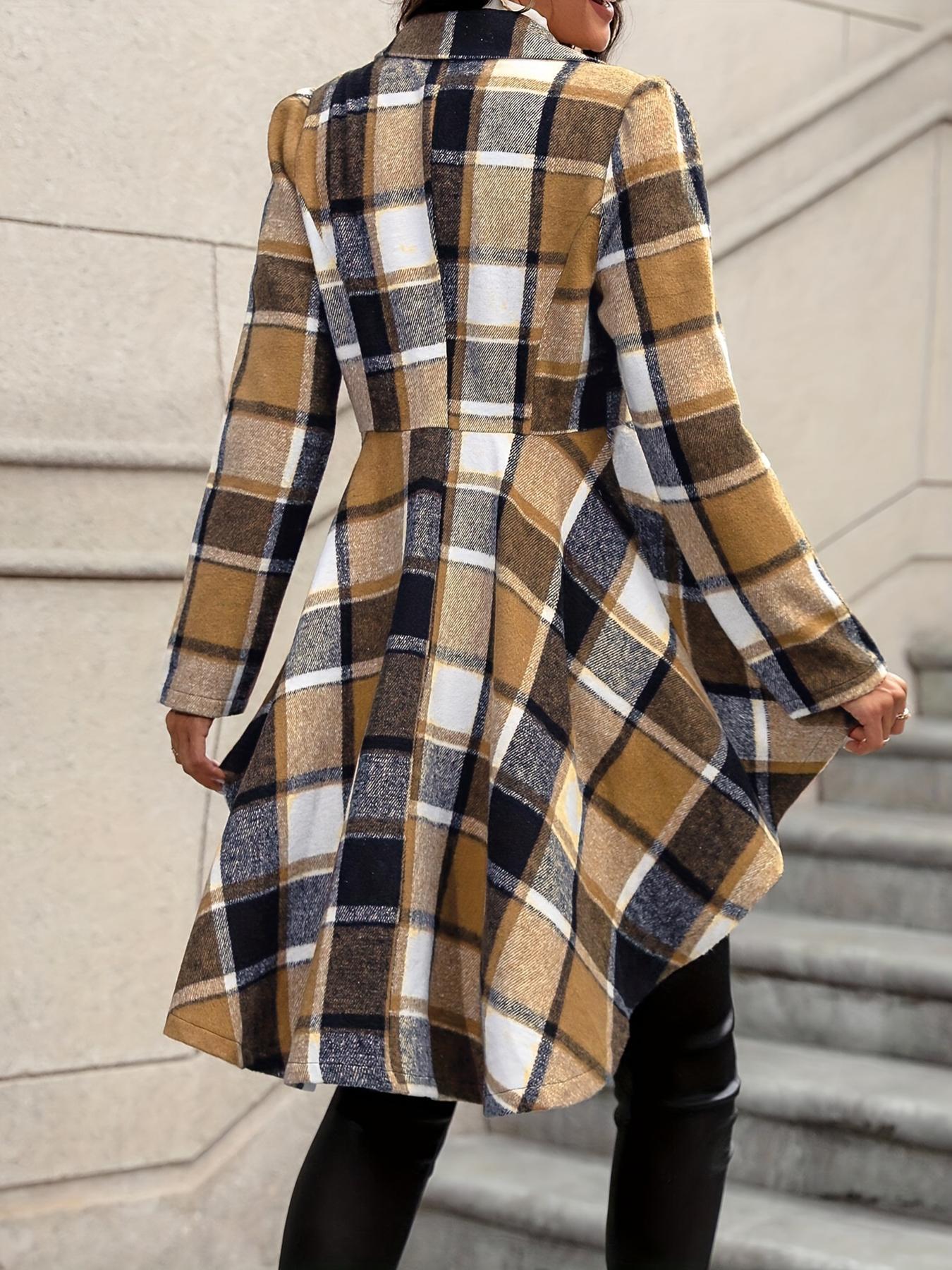 Women's Plaid Print Button High Low Hem Fitted Casual Fashion Jacket Coats, Casual Long Sleeve Lapel Neck Open Front Outerwear for Fall & Winter, Ladies Clothes for Daily Wear, Womenswear Everyday