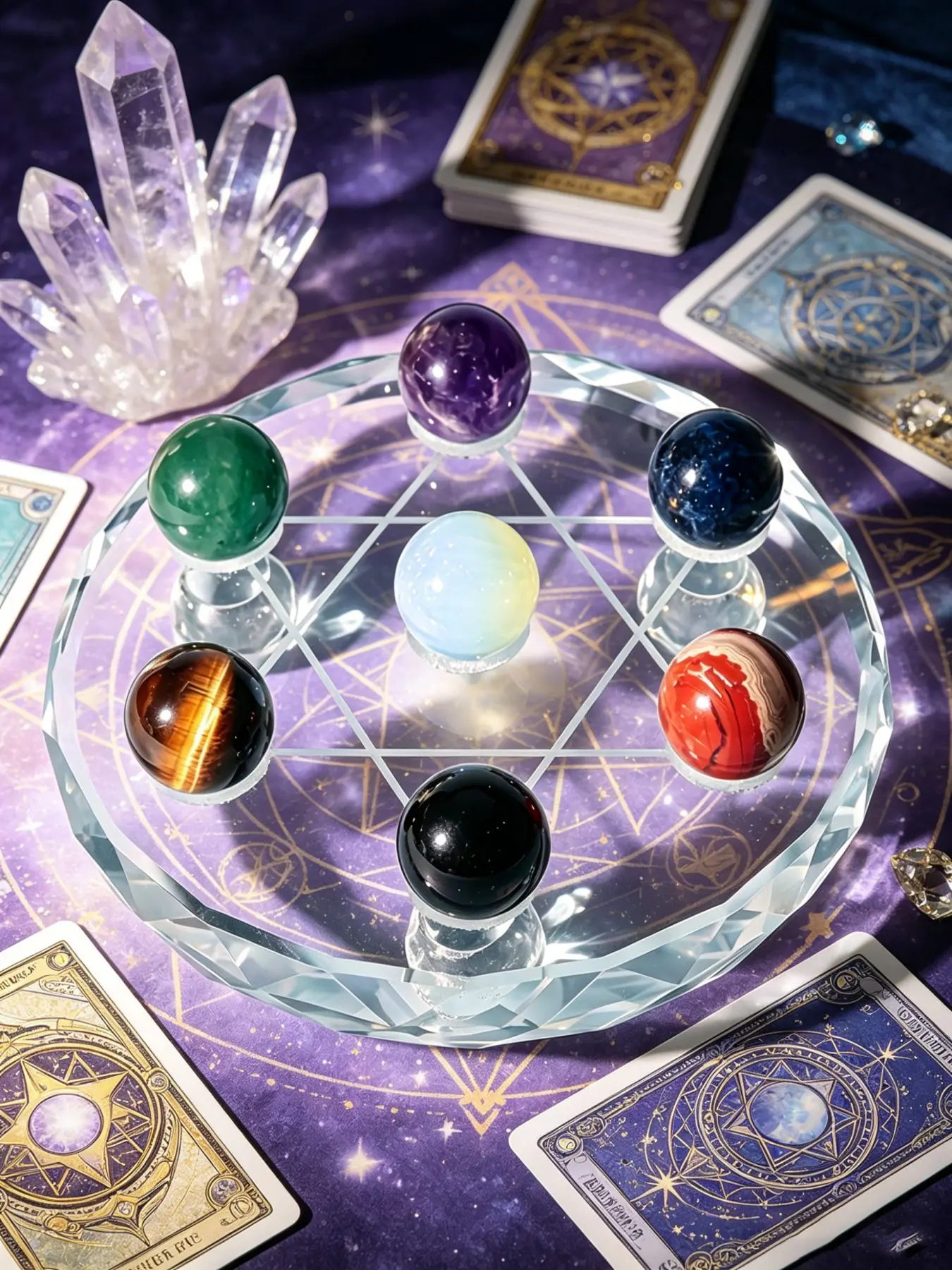 1set/8pcs Natural crystal seven chakra round ball David Star grid glass tray set, spiritual energy balance healing crystal magic divination meditation witch tarot table decoration, spiritual energy six-pointed star crystal base altar ornament