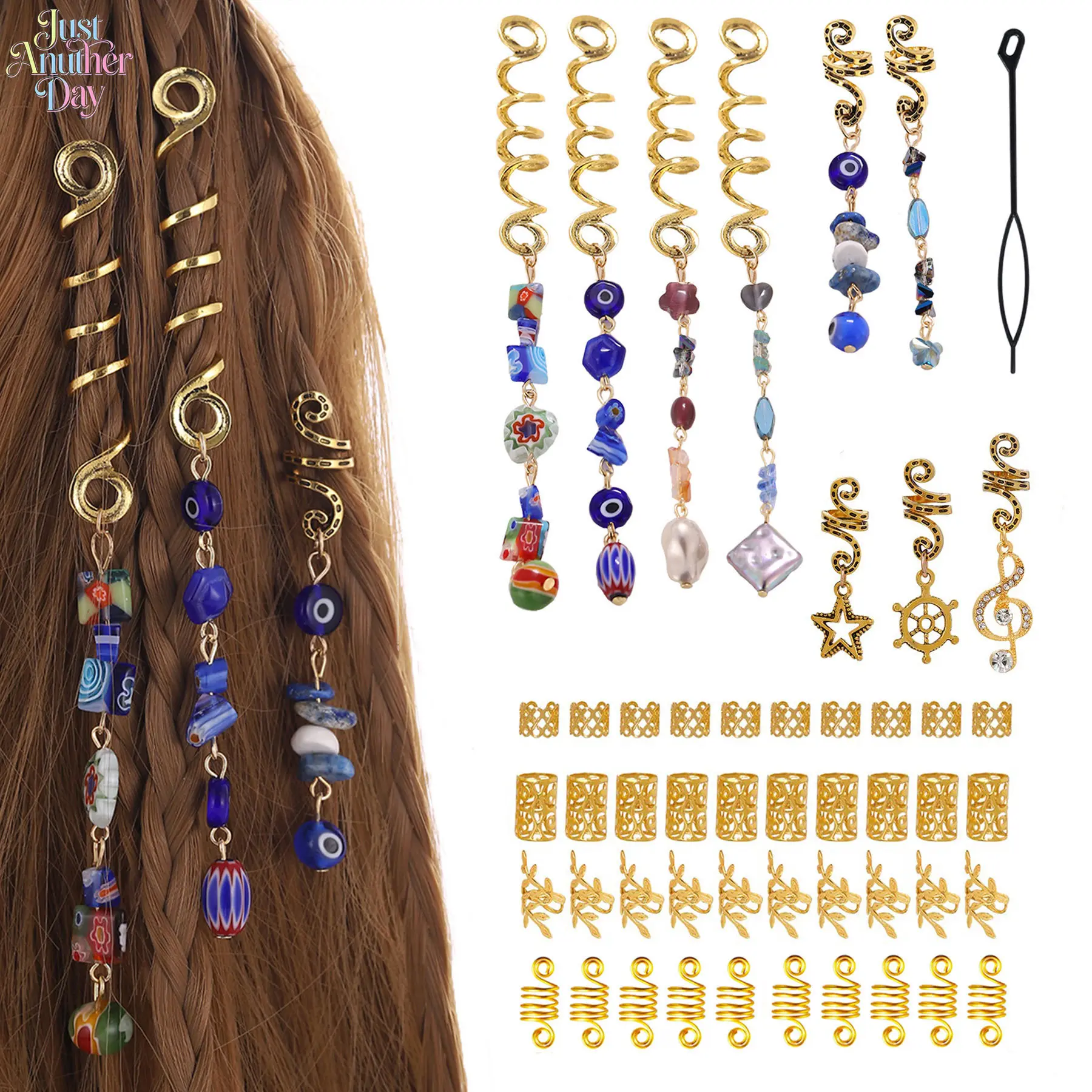 49Pcs Dreadlock Hair Accessories Kit, Including Gold Spiral Coils, Filigree Hair Cuffs, Evil Eye & Natural Stone Charms, Star/Anchor Leaf Pendants, Decorative Hair Jewelry for Braids, Twists & Locs