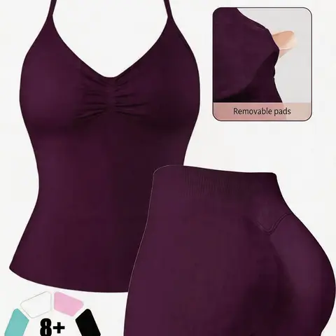 New Women's High-Waisted Yoga Set, Abdominal Control, Solid Halter Top, Sport Shorts, Comfortable Daily Wear, Summer Fitness High Elastic Activewear, Gym Yoga Outfits, Exercise Clothing