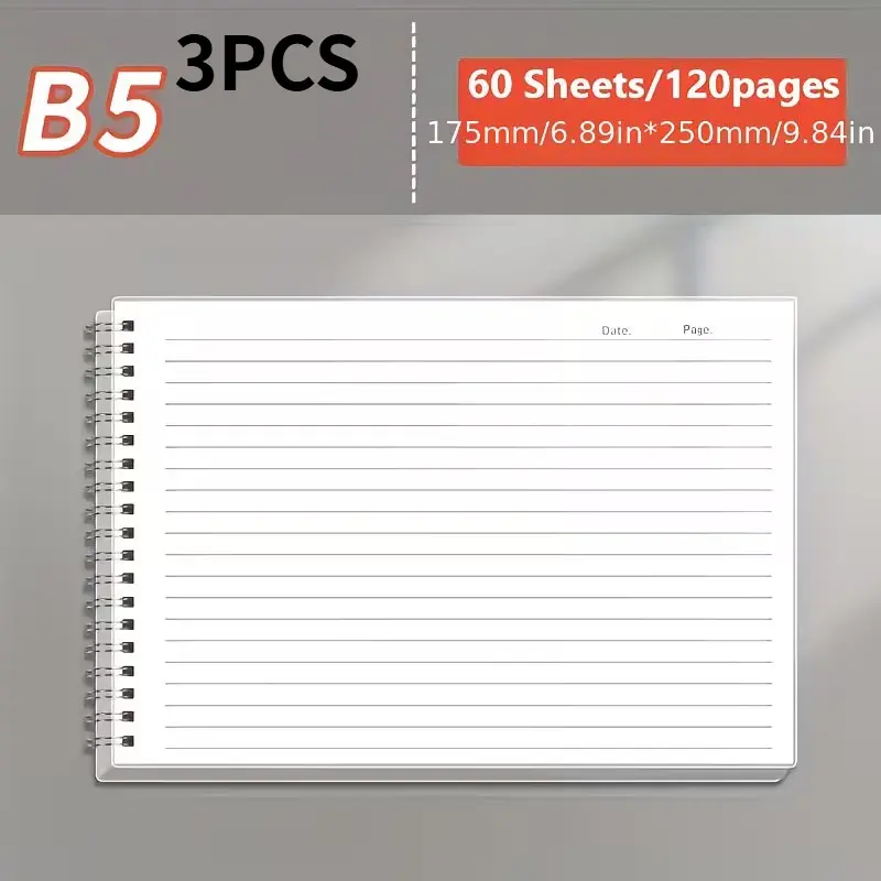 3-Piece Set Includes Spiral Notebook, 60 Sheets 120 Pages, High-Quality University Book, B5 Lined Notebook, Thick Transparent Tear-Off Pages
