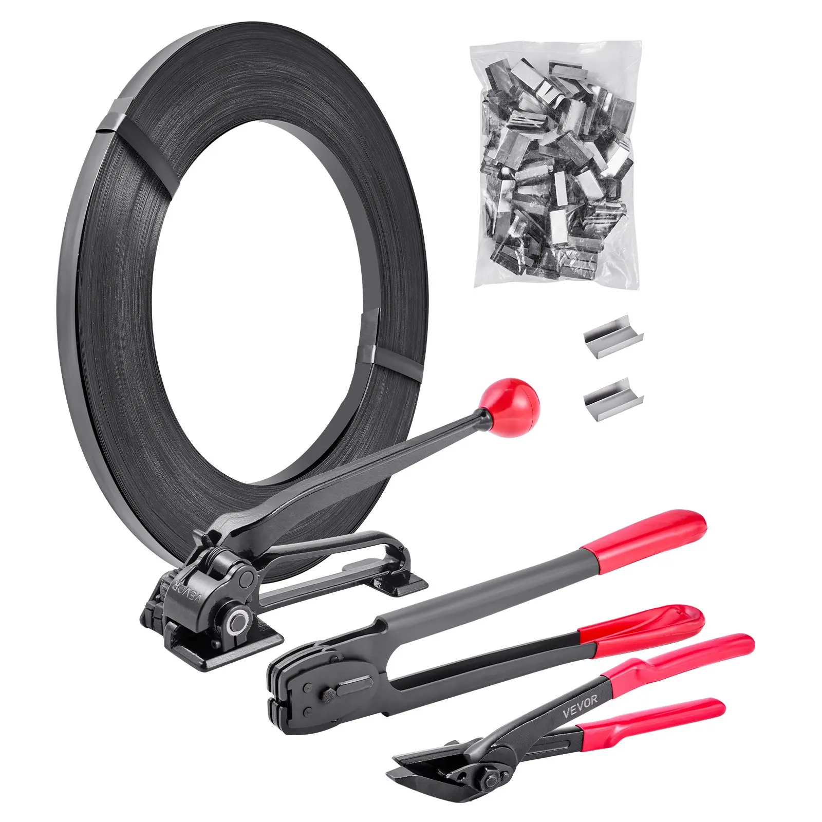 Steel Banding Strapping Kit, Heavy Duty Banding Sealer Tool with 600 ft Binding Straps, 300 Metal Seals, Manual Pallet Packaging Strapping Kit for Warehouse, Transportation, Industrial Bundling