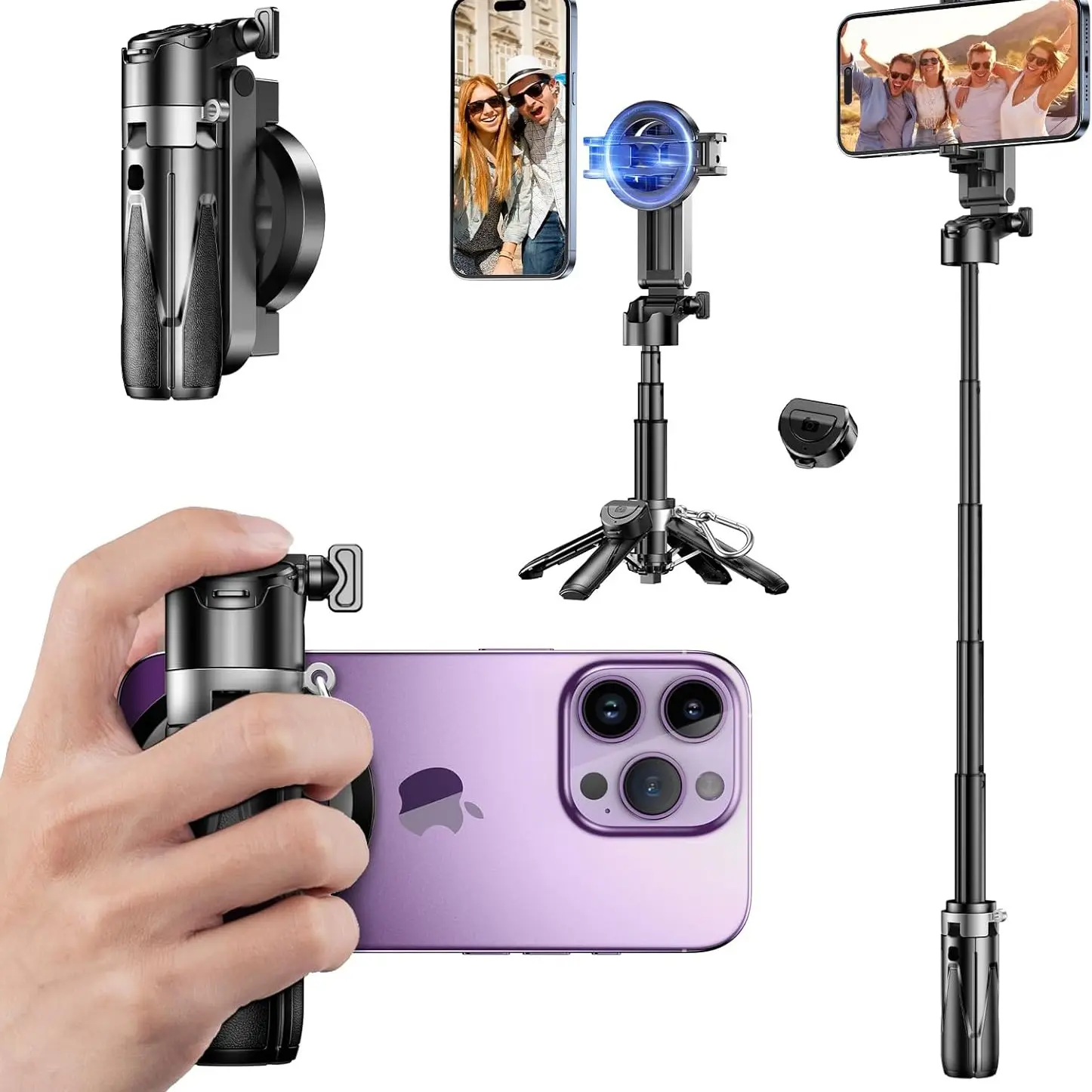 Portable Phone Tripod for iPhone, Extendable Foldable Selfie Stick Tripod Stand with Wireless Remote and Phone Holder, Cell Phone Tripod for Video Recording, Compatible with iPhone Android