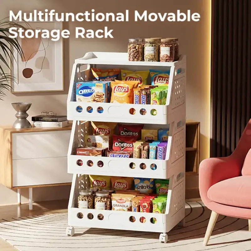 4-5-tier stackable storage cart with wheels, foldable storage rack, multi-purpose plastic organizer, suitable for kitchen pantry, fruit and vegetable storage, snacks, bedroom and bathroom mobile storage