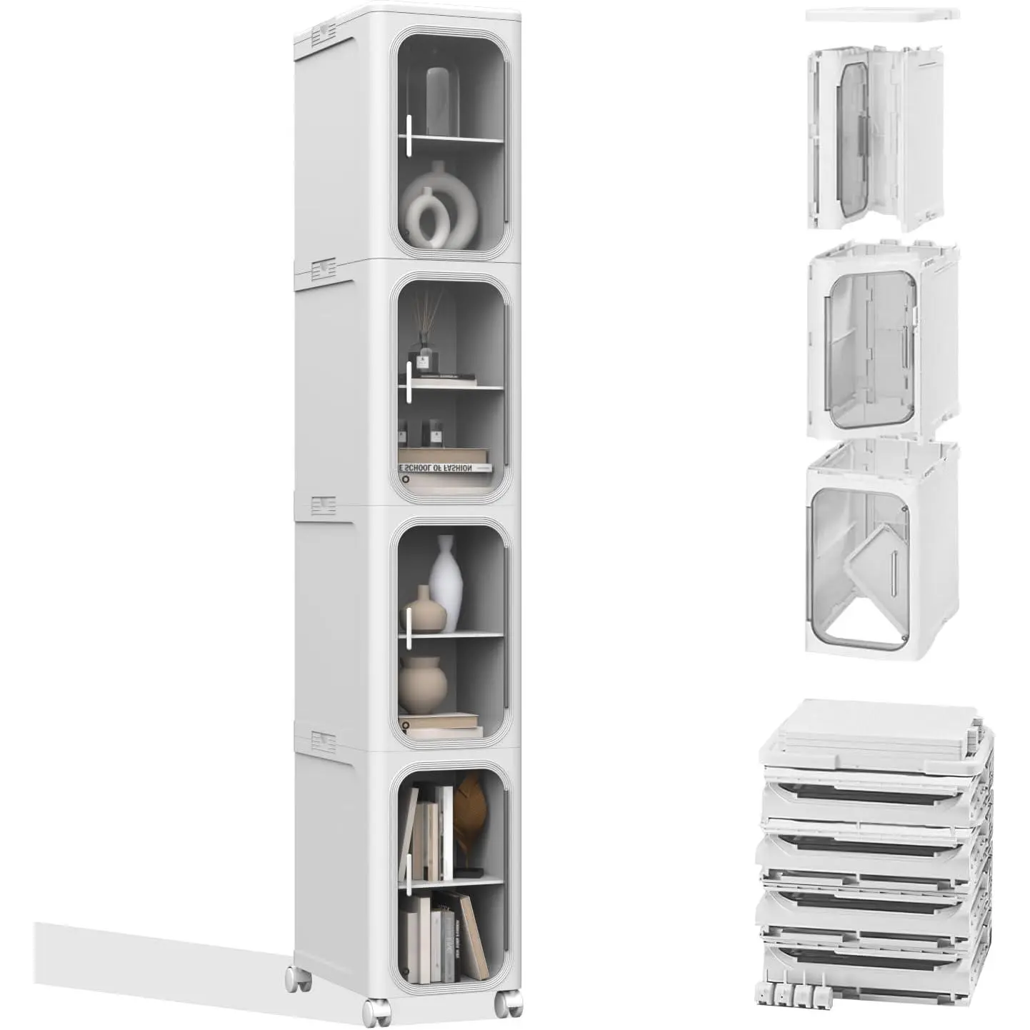 4-Tier Slim Narrow Lockable Mobile Storage Cabinet - Rolling Storage Dresser with Wheels, Adjustable PP Plastic Shelves, Flat Fold Multi Layer Organiser Cabinet for Bathroom, Kitchen Small Spaces, Mobile Storage Cabinets