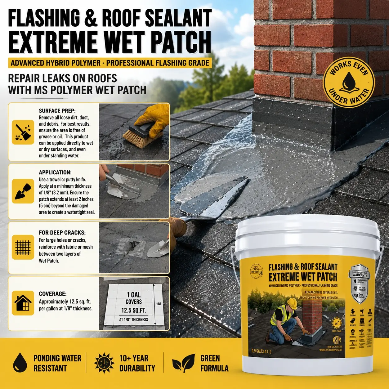 Extreme Wet Patch is a heavy-duty hybrid polymer roof sealant designed for fast and reliable leak repair, Anti Leak. Perfect for emergency roof repairs, flashing repair, gutters, chimneys, skylights, cracks, and more.