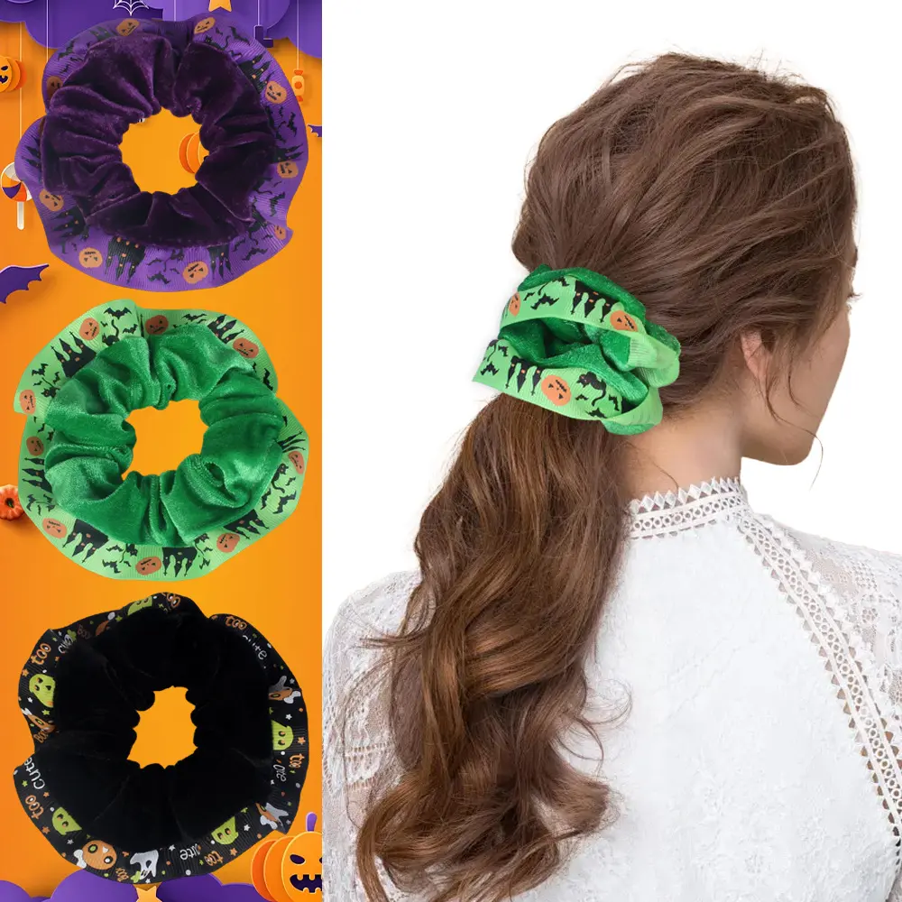 Plush Velvet Halloween Scrunchies with Spooky Pumpkin, Bat & Witch Motifs - Hair Tie with Secure Hold for Parties (1/3 Pack), Playful Prints, Everyday Wear
