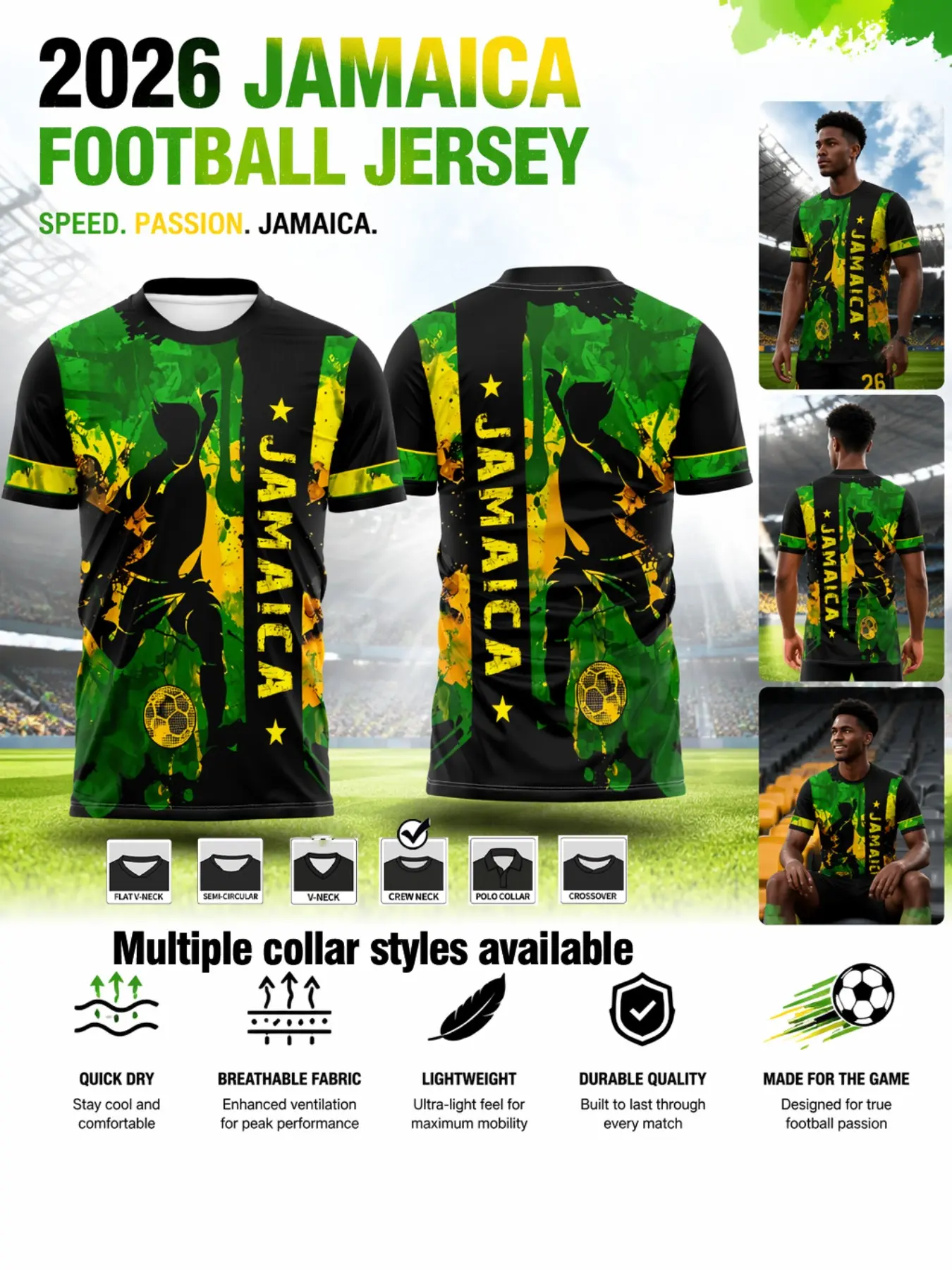 2026 Men's Jamaica Short Sleeve Sportswear, Slim Fit Soccer Shirt, Dynamic Player Silhouettes, Ideal for Football Events, Outdoor Activities
