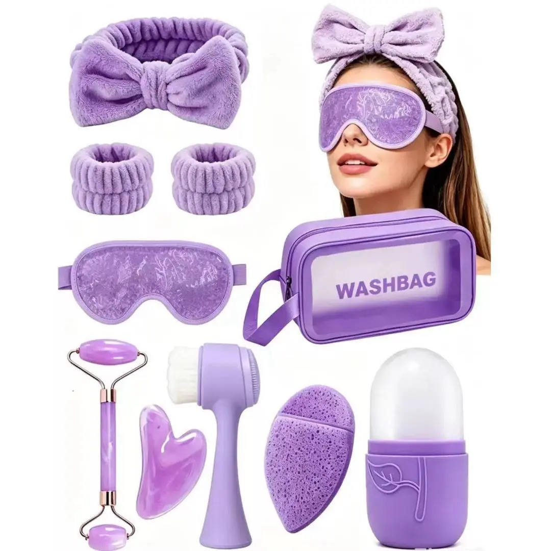 Facial Cleansing Massage Tool Set, 10-Piece Facial Care Kit, Facial Care Tools, Includes Face Wash Headband, Ice Cube Tray, Massager, Gua Sha Board, Makeup Bag
