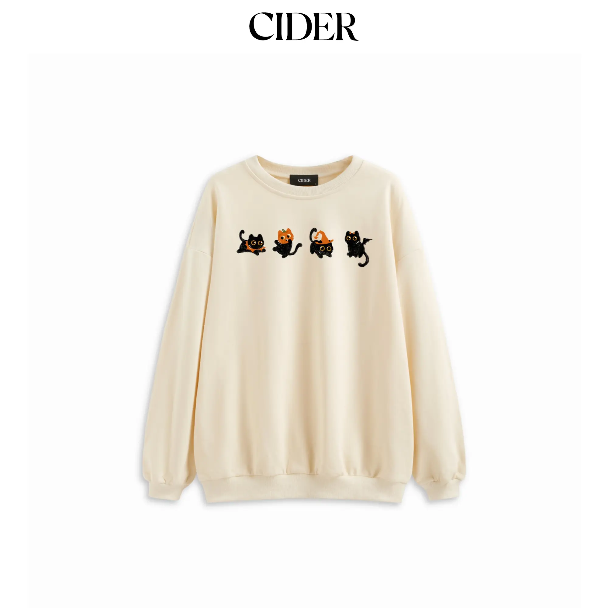 Cider Cotton Round Neckline Pumpkin Halloween Cat Oversized Sweatshirt SohoChic