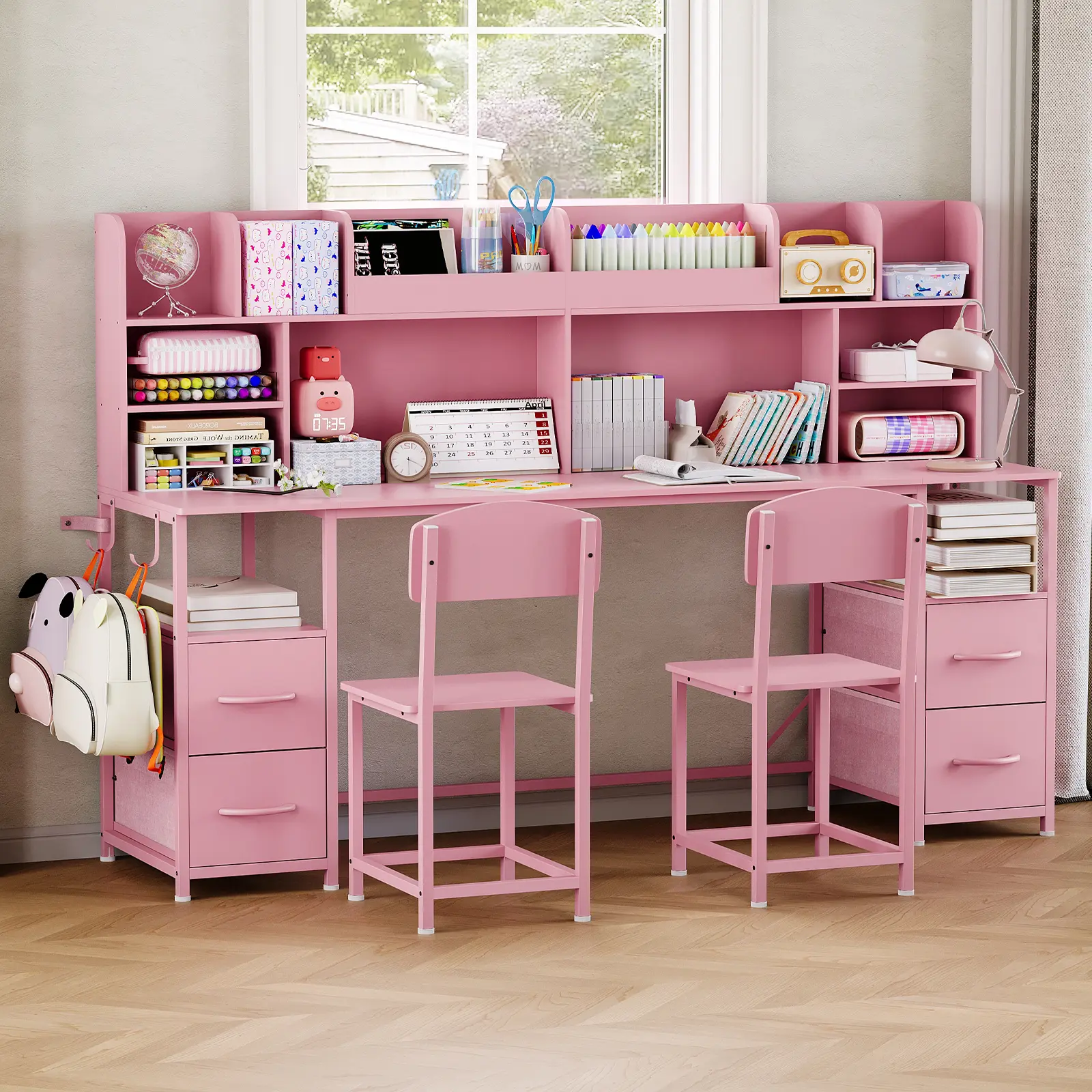 【ChristmasGifts】Flash sale home items Spacious 47.2” Double‑Kid Workstation with 2 Ergonomic Wooden Chairs, Segmented Hutch Cubbies, 4 Side Fabric Drawers & Detachable Hooks, Waterproof Wipe‑Clean Desktop for Siblings, Bedrooms, Playrooms & Daycare