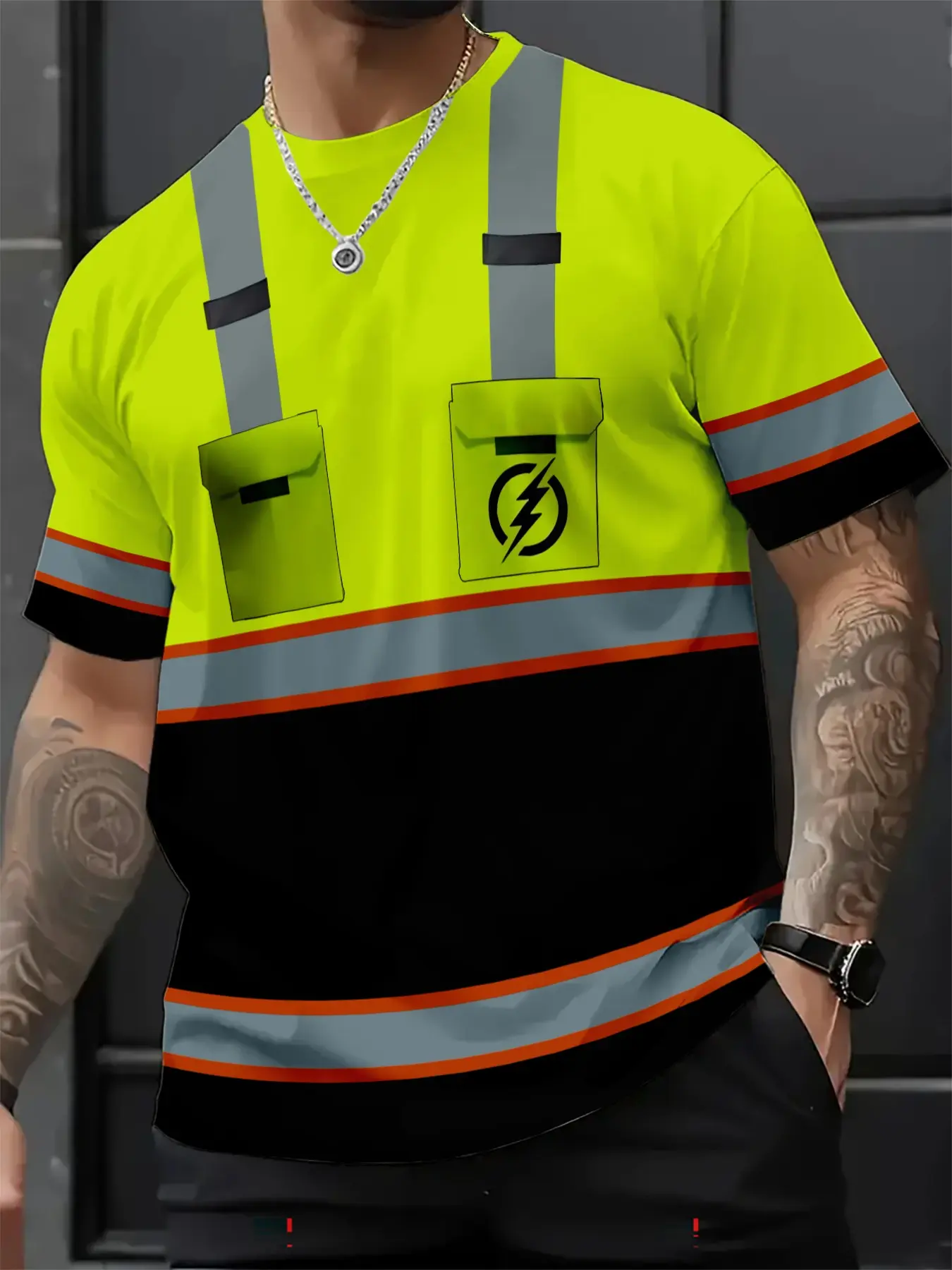 Fluorescent Patchwork Utility Men's Classic Short Sleeve T-Shirt, Lightning Pocket Print Round Neck, Soft Breathable, Multi-Scene Use