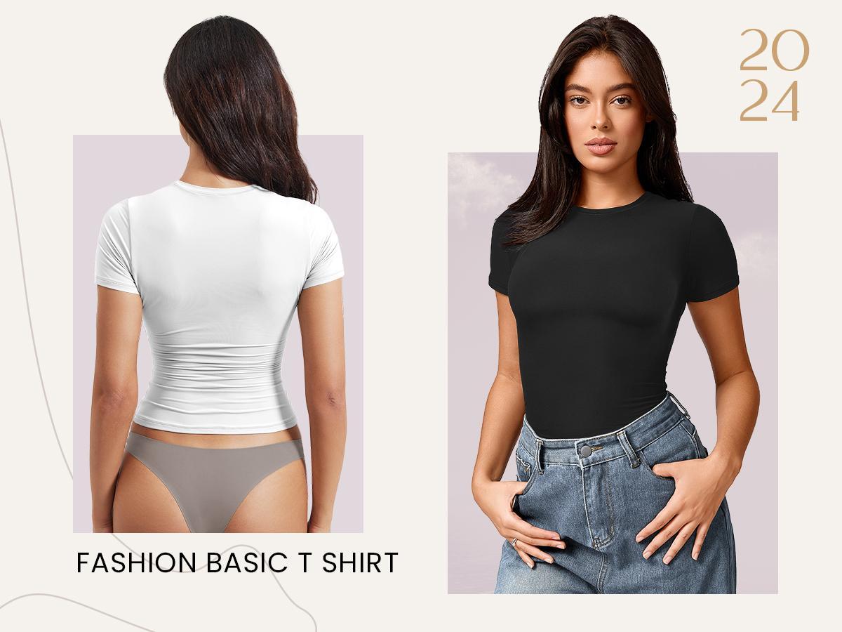 YEOREO Women Fitted Workout Tops Short Sleeve Double Lined Basic Y2K Going Out Crew Neck Compression Crop Top Womenswear