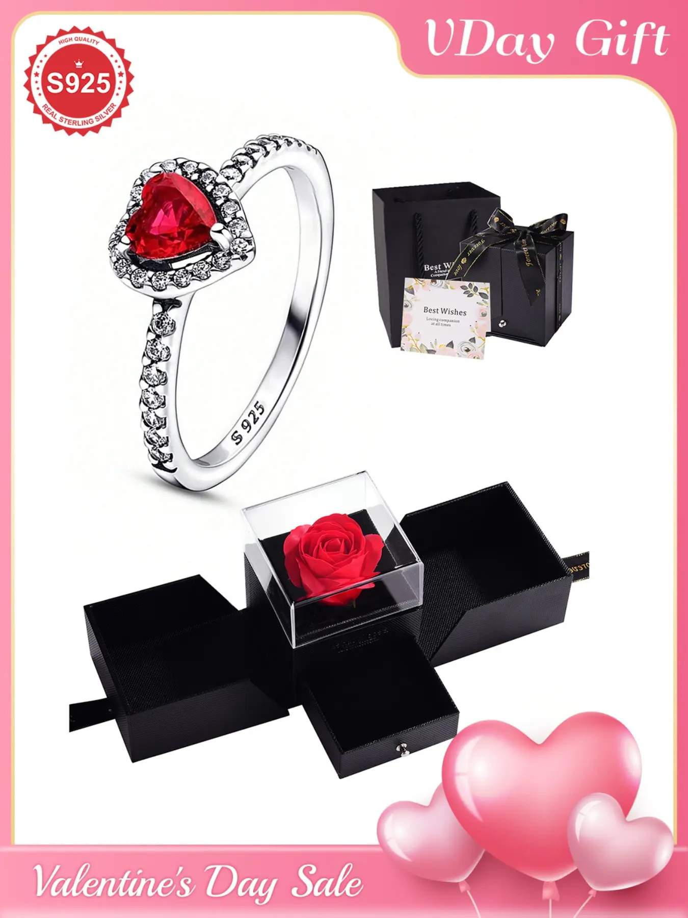S925 Sterling Silver Fashion Heart Shaped Zircon Ring, Beautiful Rings, Wedding Promise Rings, Wedding Promise Band, Eternal Promise Engagement Wedding Ring, Ladies Fine Jewelry Holiday Anniversary Birthday Gift with Rose Flower Gift Box