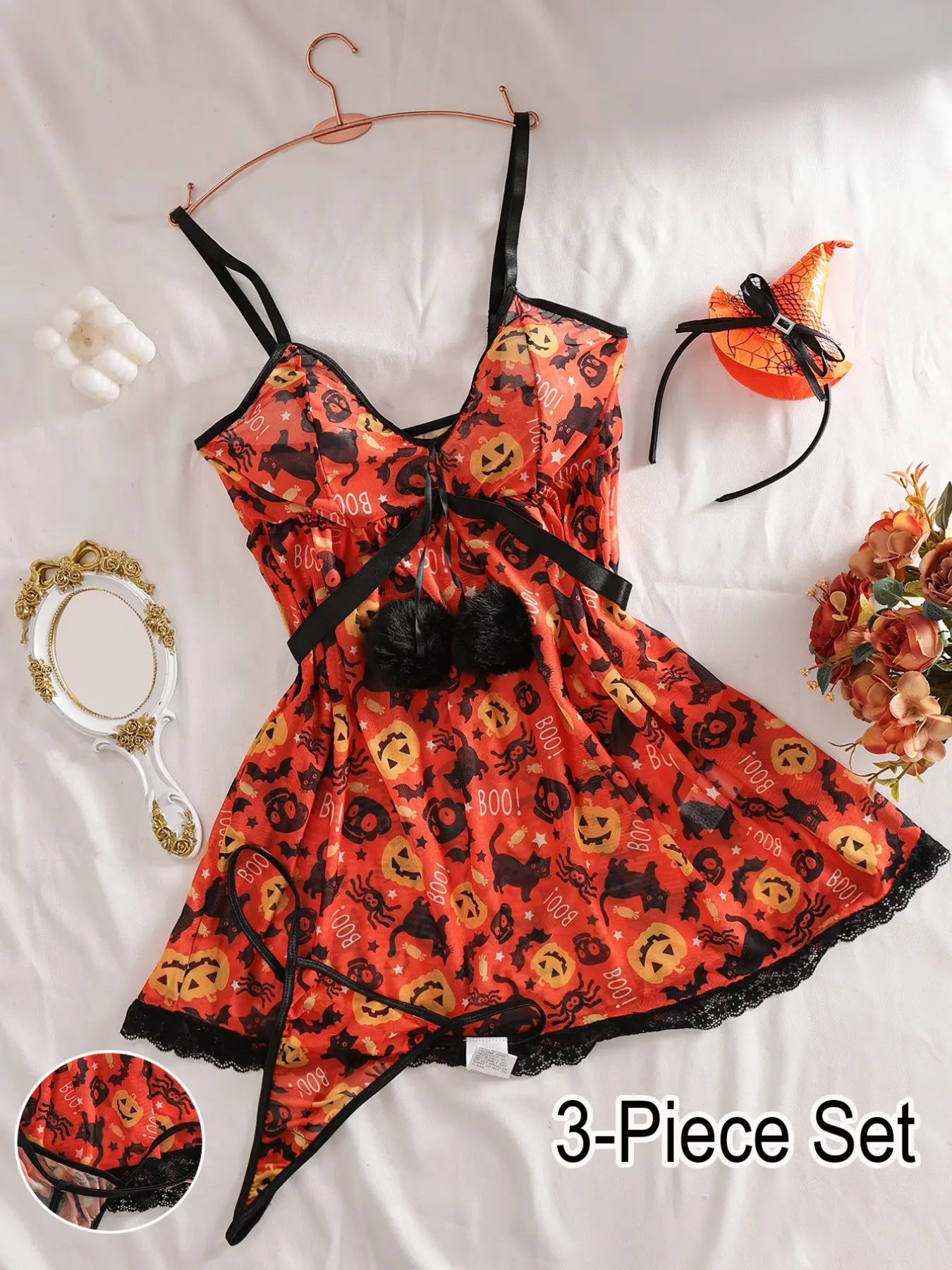 Sexy Halloween Witch Costume 3pcs Set, Pumpkin Bat Print, Lace Trim Babydoll Dress, Thong & Headband, Cosplay Party