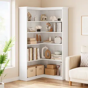 L-Shaped Corner Bookshelf, 72.8in Tall 5-Tier Bookcase - Large Wooden Storage & Display Rack - Full Back Panel, Farmhouse Design, Living Room/Bedroom/Office