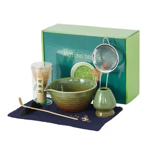 Garvee Matcha 7-Piece Whisk Set includes ceramic bowl, whisk and bamboo stand, bamboo scoop and spoon rest, stainless steel sieve, and tea towel, matcha kit for tea lovers