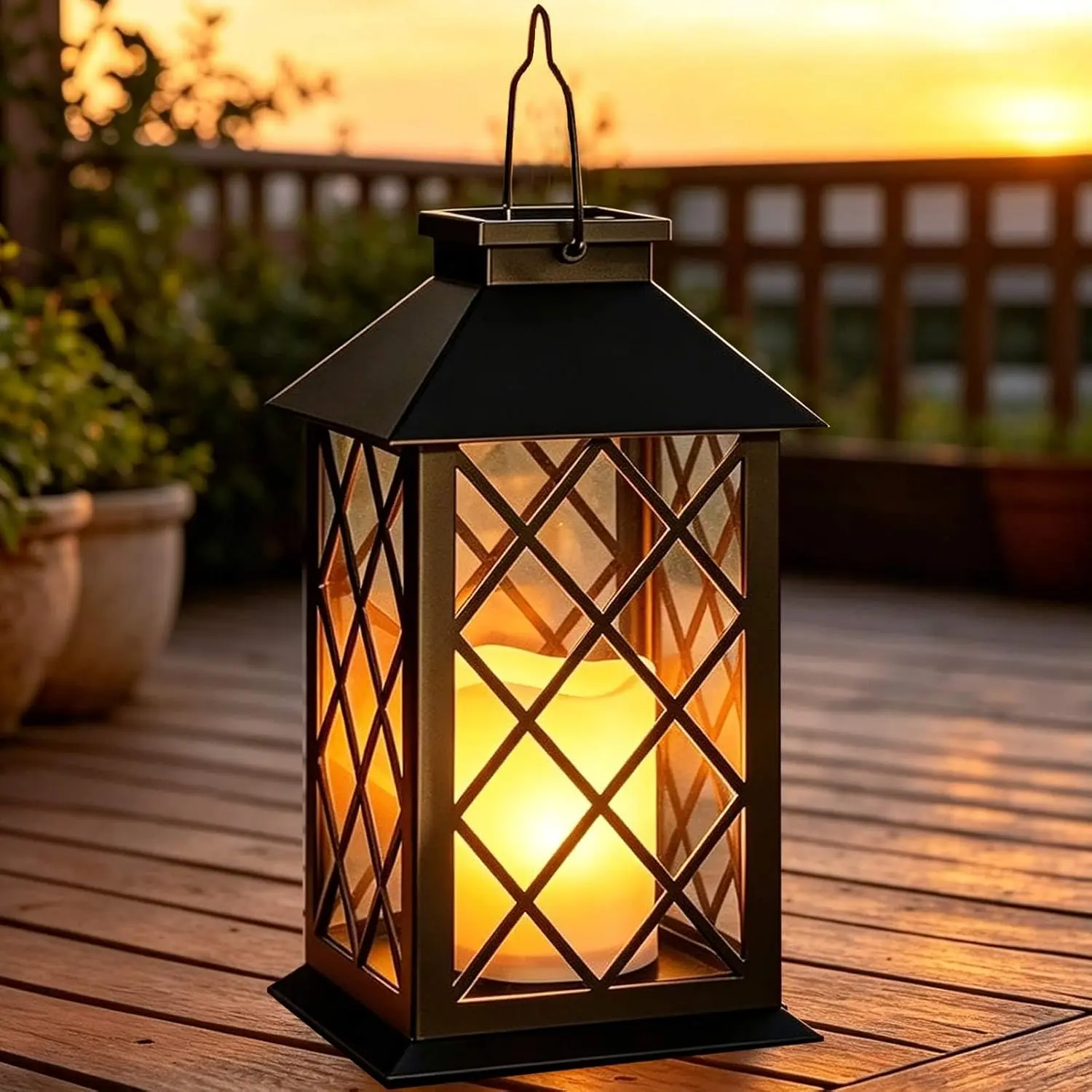 14" Large Tempered Glass Solar Lanterns Outdoor  | Solar  Lantern for Outside with Flickering Candle,  Decor Lamps for  Wall Garden Yard Patio - Black