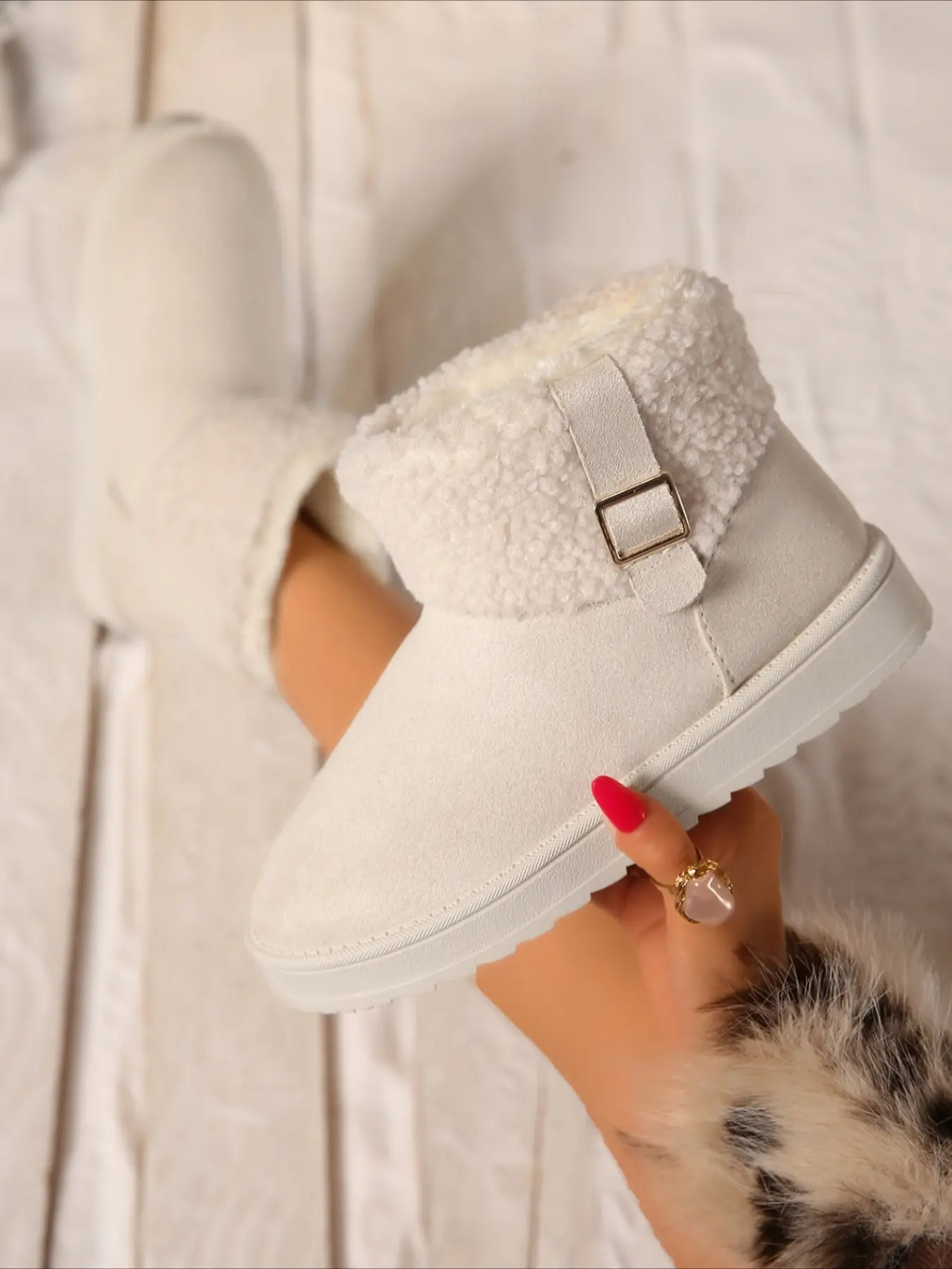 Cuffed fleece ankle snow boots with side metal buckle warm thick anti-slip sole multi-color winter slip-on women shoes