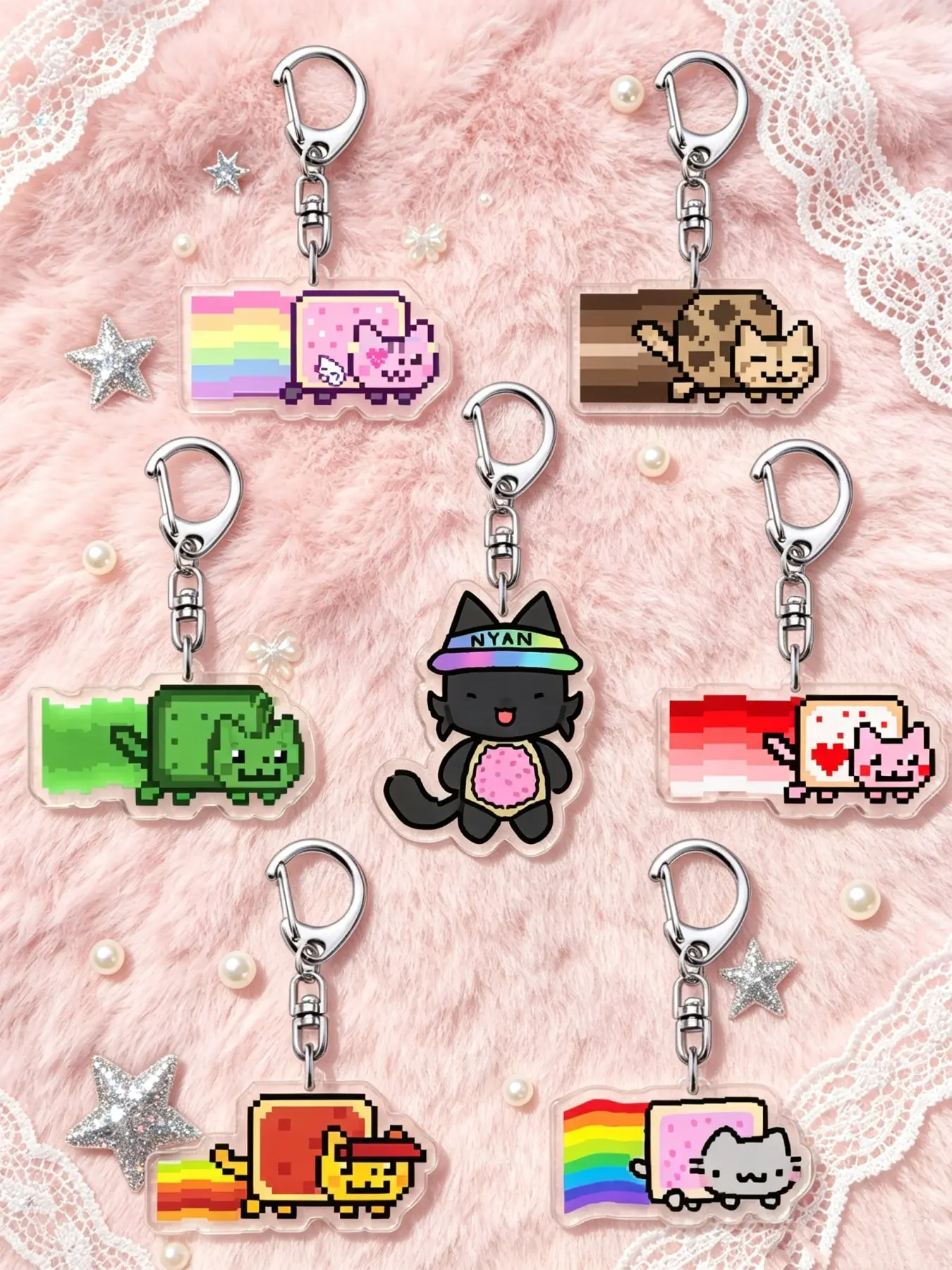 Nyan Cat Acrylic Keychain, 7 Designs Available, Cute Cartoon Patterns, Retro Pixel Art, Perfect for Backpacks and Earphones, Gift Idea