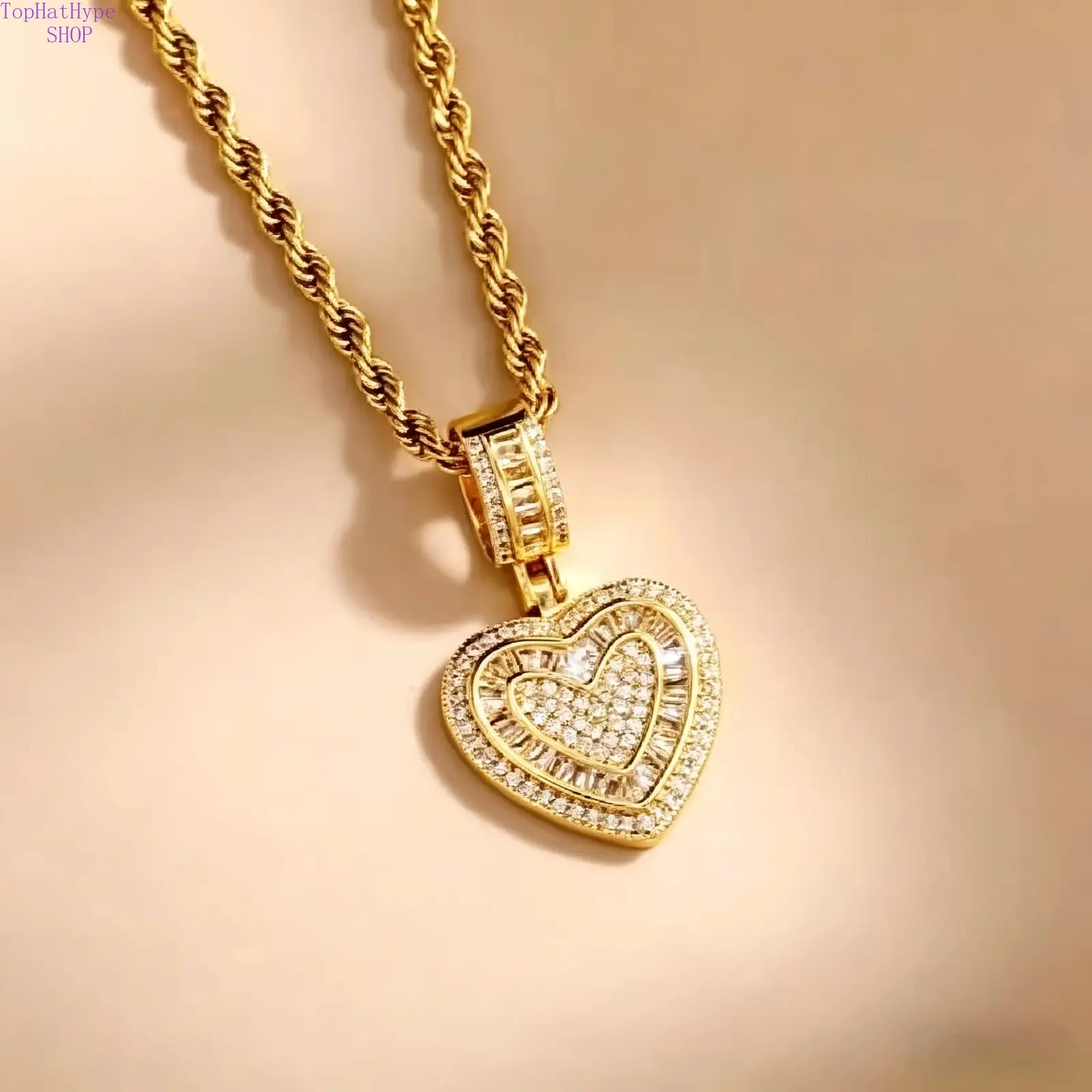 1pc Men's and Women's Copper Inlaid Synthetic Cubic Zirconiaia Heart Pendant Necklace, 14K Gold Plated Multi-Pendant Thick Chain Hip Hop Unisex Jewelry