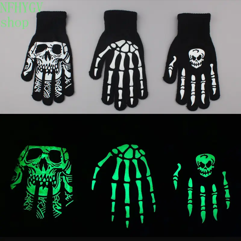 Unisex Glow‑In‑The‑Dark Skull‑Pattern Knit‑Gloves, Skeleton‑Bone‑Print Full‑Finger Winter‑Handwear, Luminous Halloween‑Costume‑Gloves For Theme‑Party, Cosplay‑Activities And Spooky‑Season‑Street‑Matching Occasions