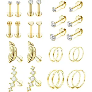 26PCS 16G Cartilage Earrings for Women, Hypoallergenic Stainless Steel Huggie Hoop Earrings, Flat Back CZ Studs, Chain Dangle Helix Daith Tragus Conch Piercing Jewelry