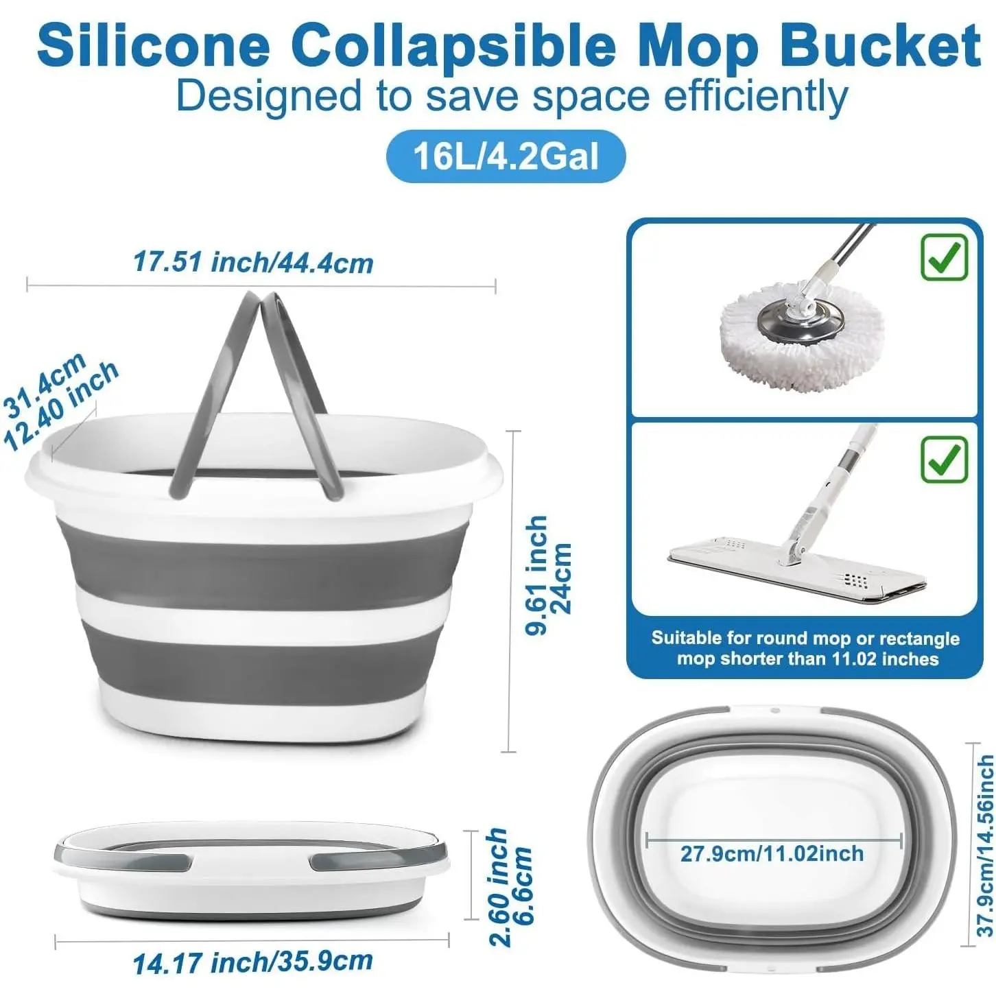 Collapsible Mop and Bucket Set with 3 Washable Microfiber Pads, Mop Bucket with Handle for Cleaning