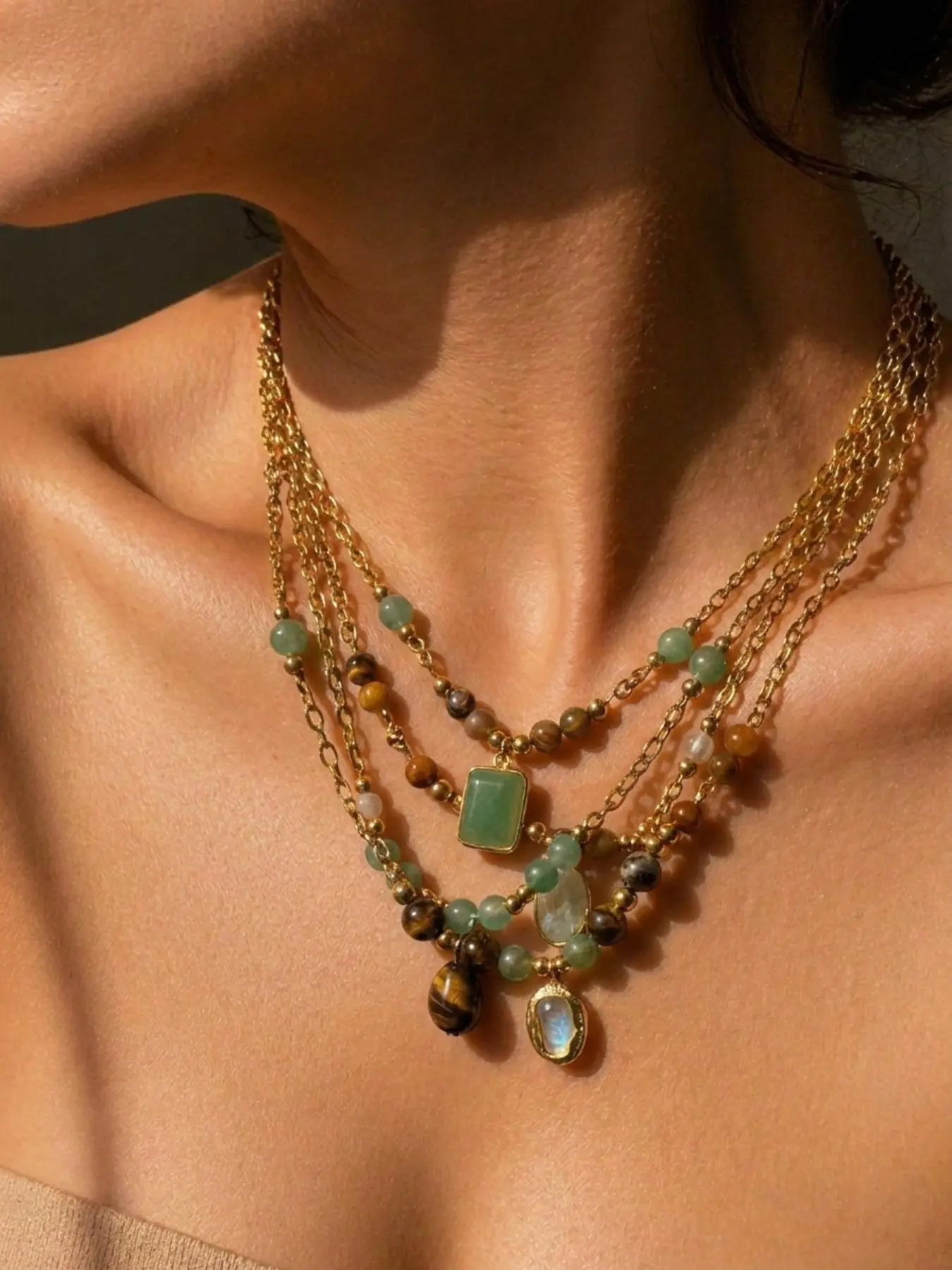 4 Piece Detachable Natural Energy Crystal Layered Necklace Vintage Style Chains Tiger Eye Pendant Yoga & Party Jewelry