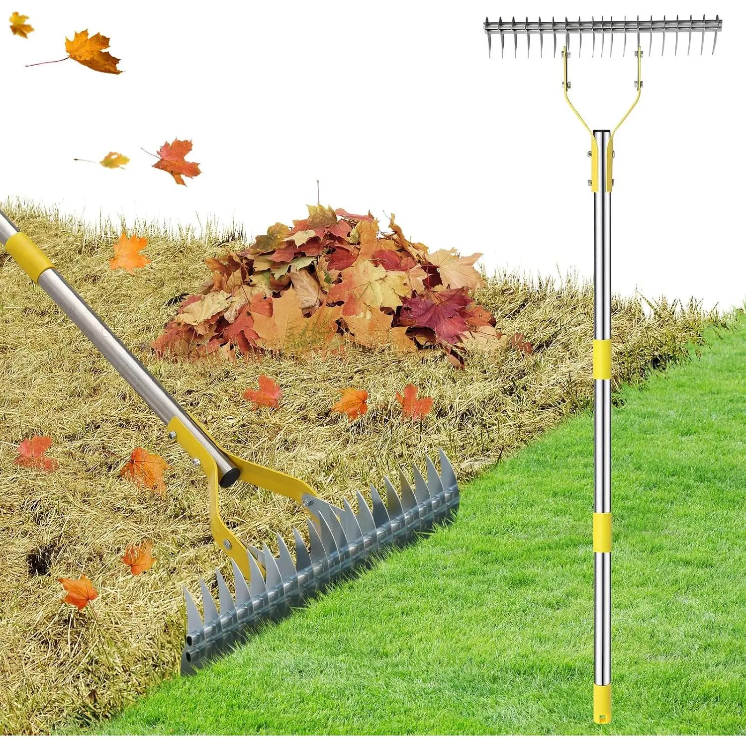 Stainless Steel 19-Tine Dual-Function Thatch Rake, 55 in Heavy-Duty Manual Dethatcher with Adjustable Handle for Thatch Removal, Soil Loosening, Leaf Removal