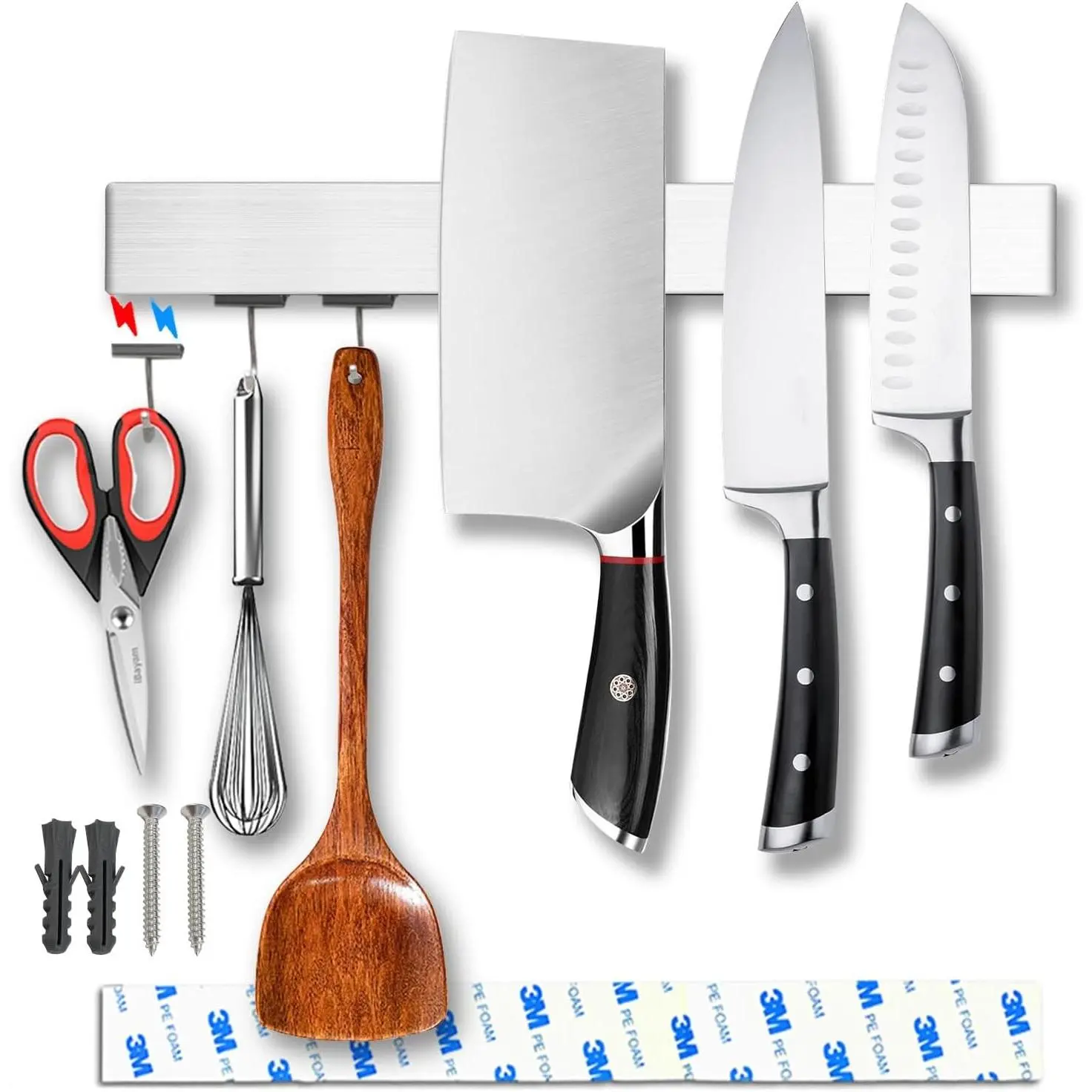YIIYIIN 14 Inch Magnetic Knife Holder for Wall Mount with Magnetic Hooks - No-Drill Adhesive - Knife Magnetic Strip - 304 Stainless Steel Magnetic Kitchen Utensil Hanger/Holder/Rack/Bar