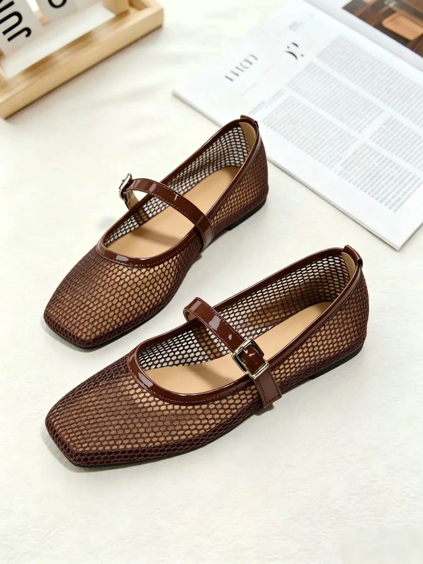 Women's Breathable Mesh Ballet Flats, Lightweight Comfortable Square Toe Shoes, Solid Color, Summer Casual Mary Jane Sandals, Breathable Footwear, Fashionable Flats