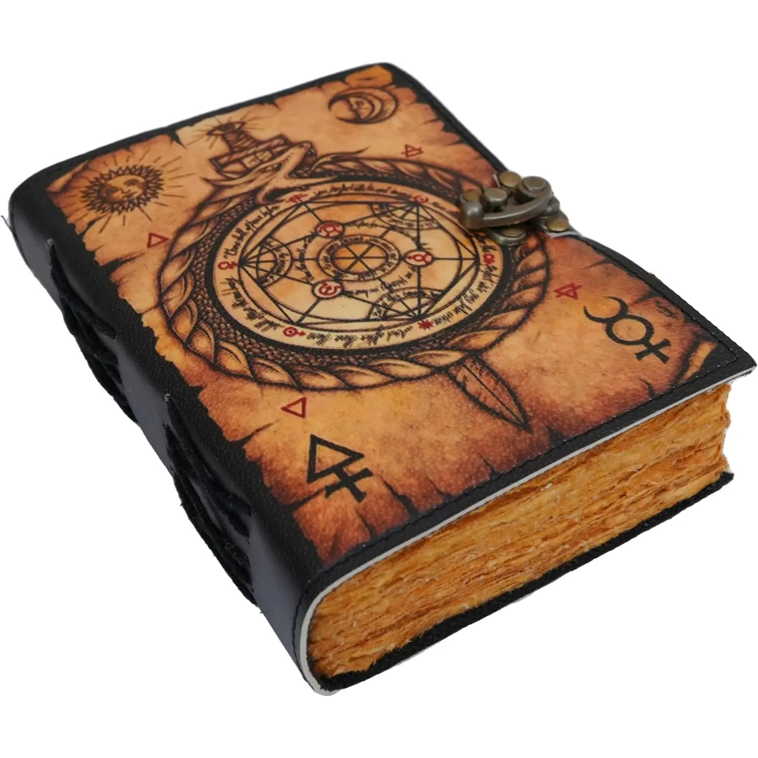 Blank Spell Book of Shadows Dragon Compass Print Grimoire Junk Journal Leather Notebook  Journal with  200 Deckle  Paper  gifts for him her