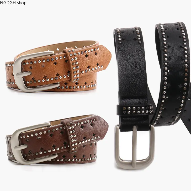 Women's Cute Studded Leather Belt with Silver Buckle - Fashion Accessory for Jeans, Pants, and Everyday Wear, Women's Fashion, Cute Look, Stud Decor